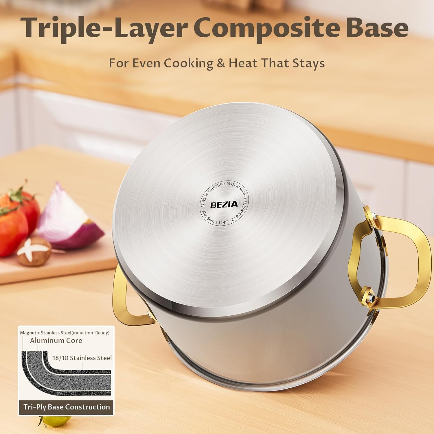 BEZIA 8 Qt Stainless Steel Stock Pot with Lid, Induction Ready Large Soup Pot with Lid, Tri-ply Bottom for Even Heat, Kitchen Cooking Pots for Pasta, Soup, Spaghetti