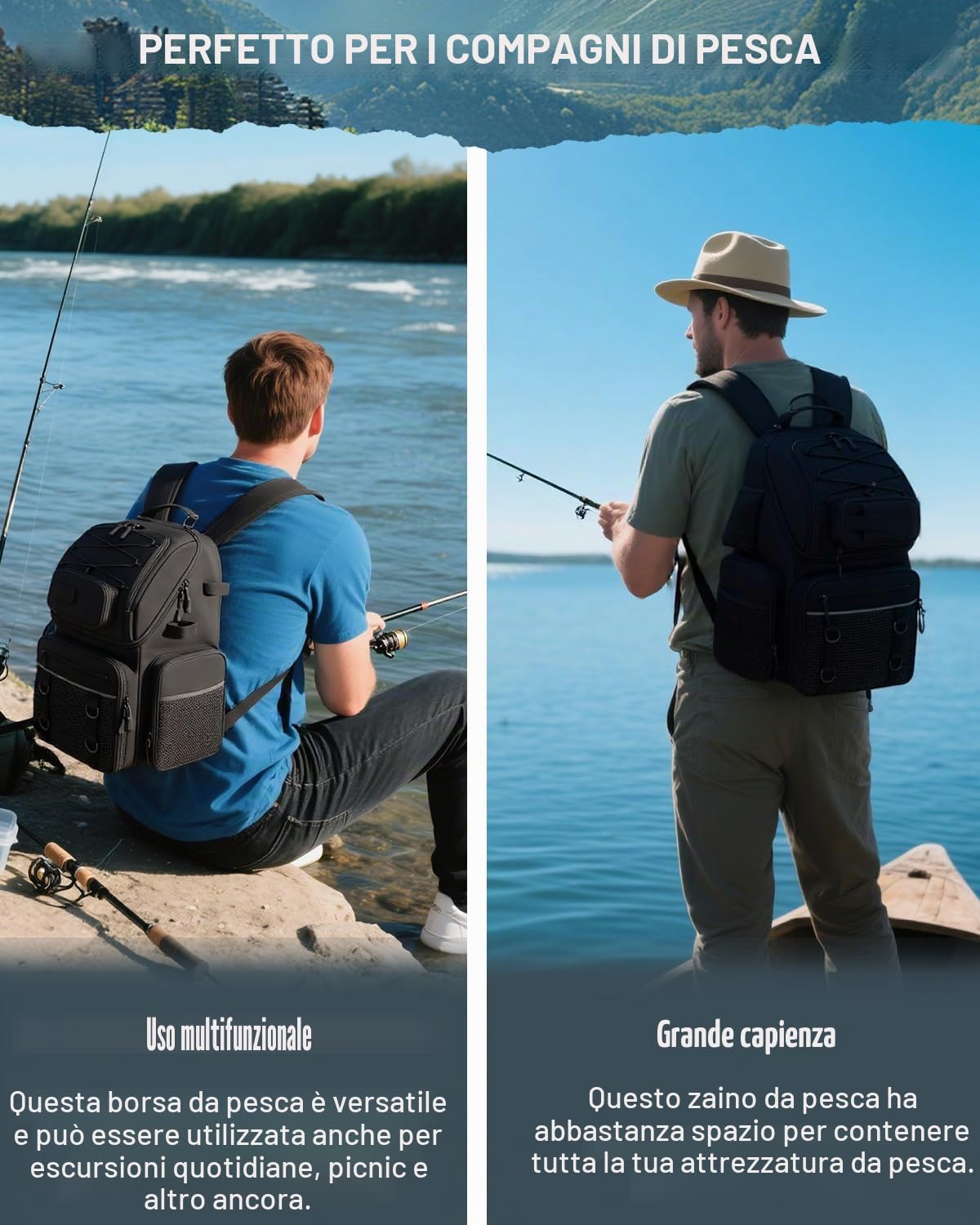 Zaino da Pesca con Scatole (Incluse), Lure Fishing Bag Borsa per Pesca da 50 l con Vano Frigo, Scatola Impermeabile, Grande Fishing Backpack per Campeggio e Avventure All'aria
