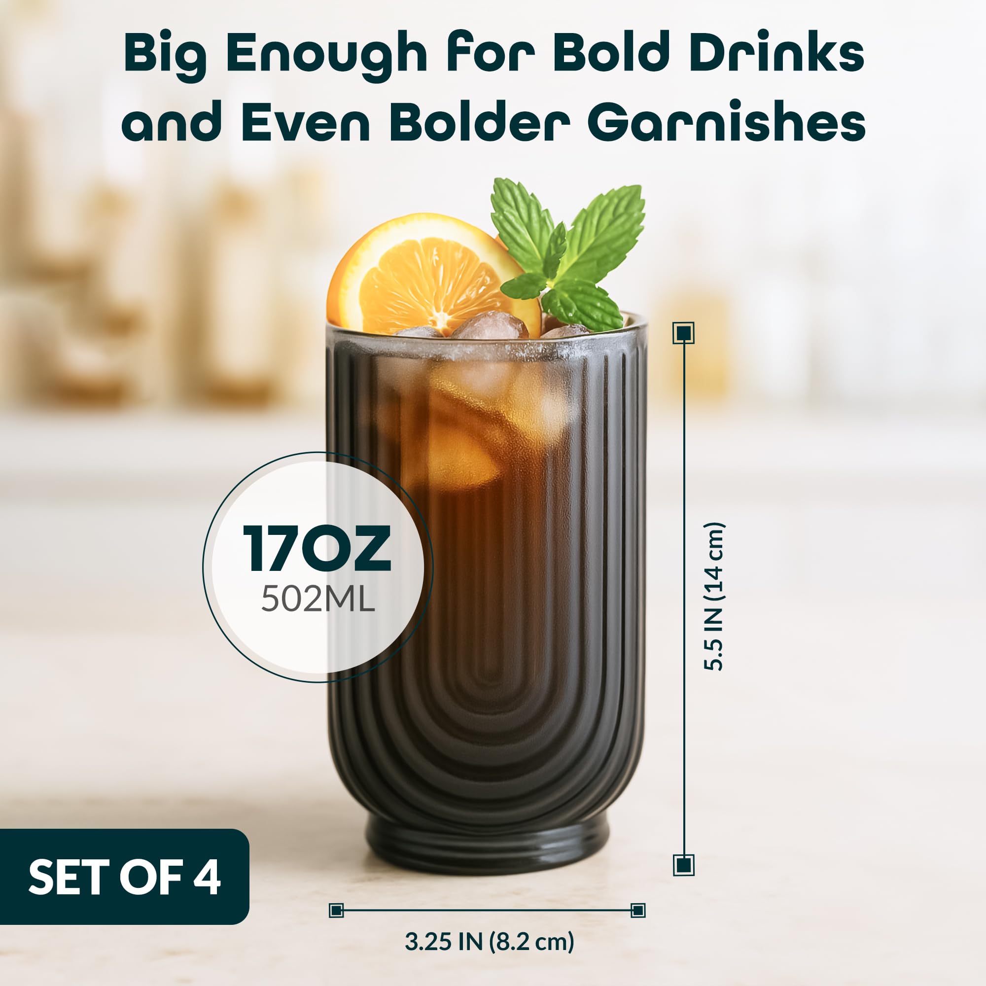 Glaver's Vintage Glassware Art Deco Glasse Ribbed Drinking Glasses U-Shape Arch Design Colored Cocktail Kitchen Tumblers Everyday Dinner Decorative Party (): Smoke S/4 17oz