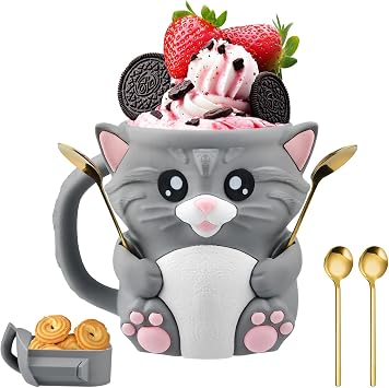 Pipihome Cat Ice Cream Pint Holder, 3D Ice Cream Tubs Easter Gifts for Kids, Cute Icecreams Cups Cooler Container with 2 Spoon & Secret Drawer, Easter Decorations for Home/Table