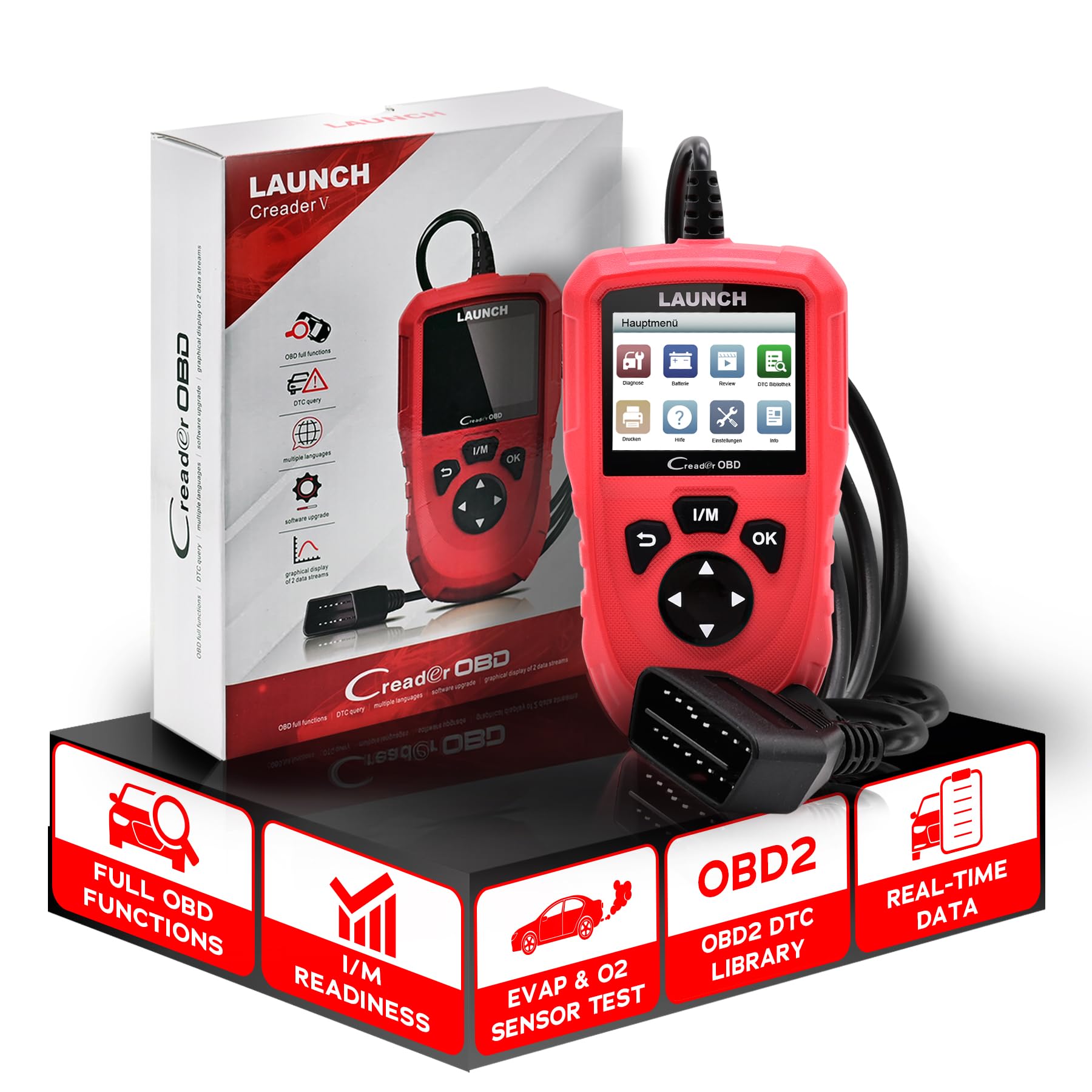 Launch CR OBD OBD2 Diagnosegerät,OBDII/EOBD Diagnose Fehlerspeicher Auslesen, KFZ Auslesegerät Auto mit DTC-Definition, I/M-Bereitschaft, EVAP &O2-Sensortests,8 Sprachen, 2,8 Zoll TFT Farbbildschirm