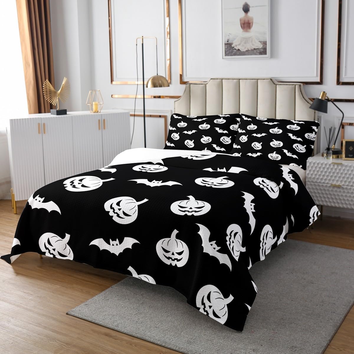 Erosebridal Pumpkin Lantern King Bedspread Set,Neon Lights Bats Spider Mushroom Bed Set,Glowing Ombre Gradient Green Purple Orange Moon Stars Bedding Set,Halloween Decor Coverlet Set