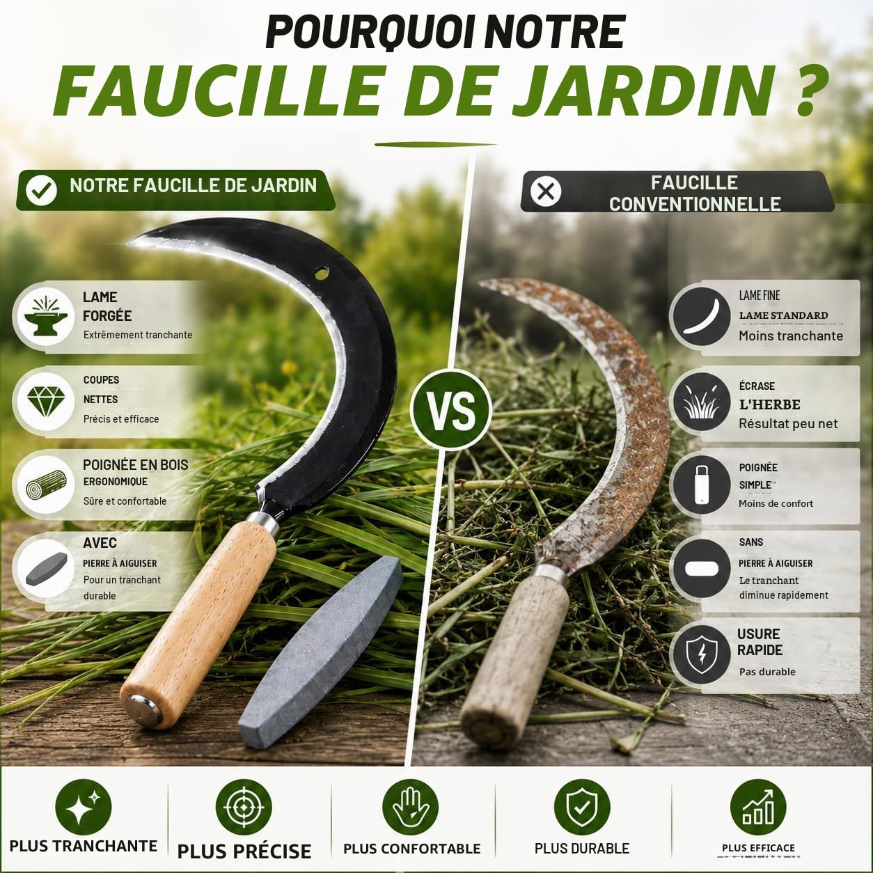 Set de faucilles de qualité supérieure avec pierre à aiguiser, faucille tranchante, faucilles à main 35 cm, petites faux, tondeuse, coupe-herbe, manche en bois, faucille forgée pour faucher