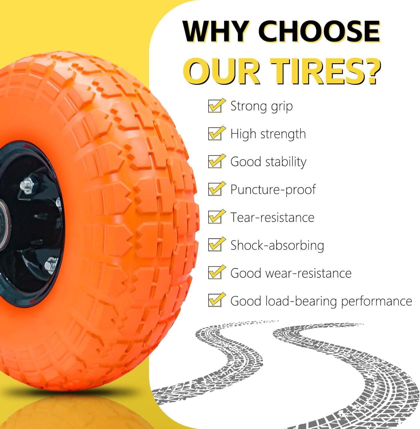 10" 4.10/3.50-4 Flat Free Solid Polyurethane Tire and Wheel with 5/8" Axle Borehole, 2.1" Offset Hub for Wheelbarrow,Hand Truck,Generators,Utility Cart(4Pack Orange)