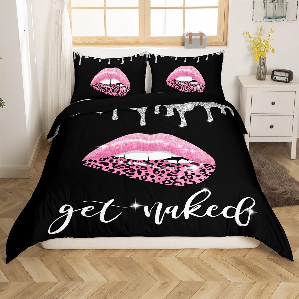 Feelyou Pink Black Sexy Lips Bedding Set Queen, Get Naked Duvet Cover Diamond Get Naked Comforter Cover Kids Toddler Glitter Leopard Print Sexy Lips Bedspread Cover Reversible (No Comforter)