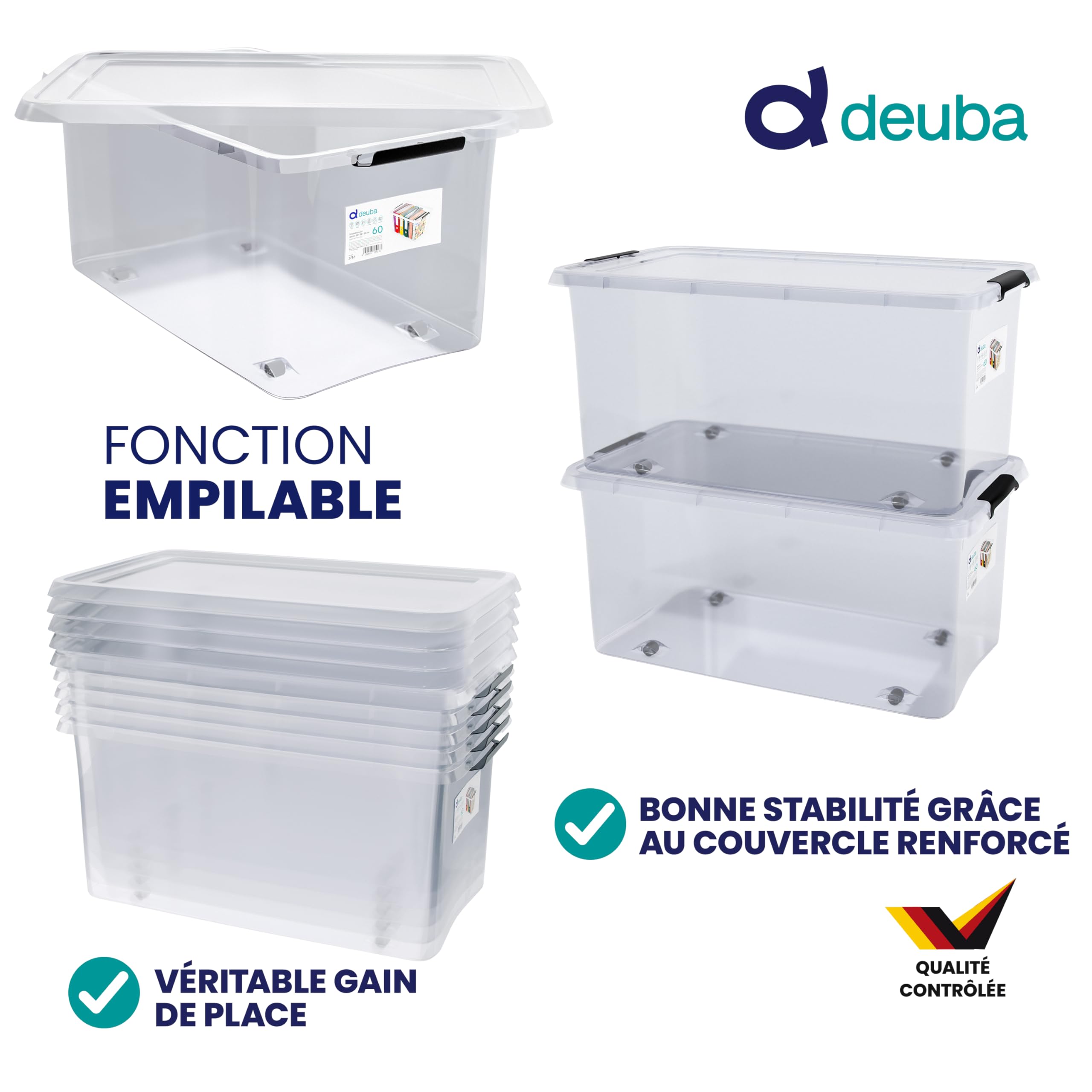 Deuba® 4X Boîte de Rangement 60L en Plastique Transparent empilable sans BPA Gain de Place Caisse de Rangement roulettes