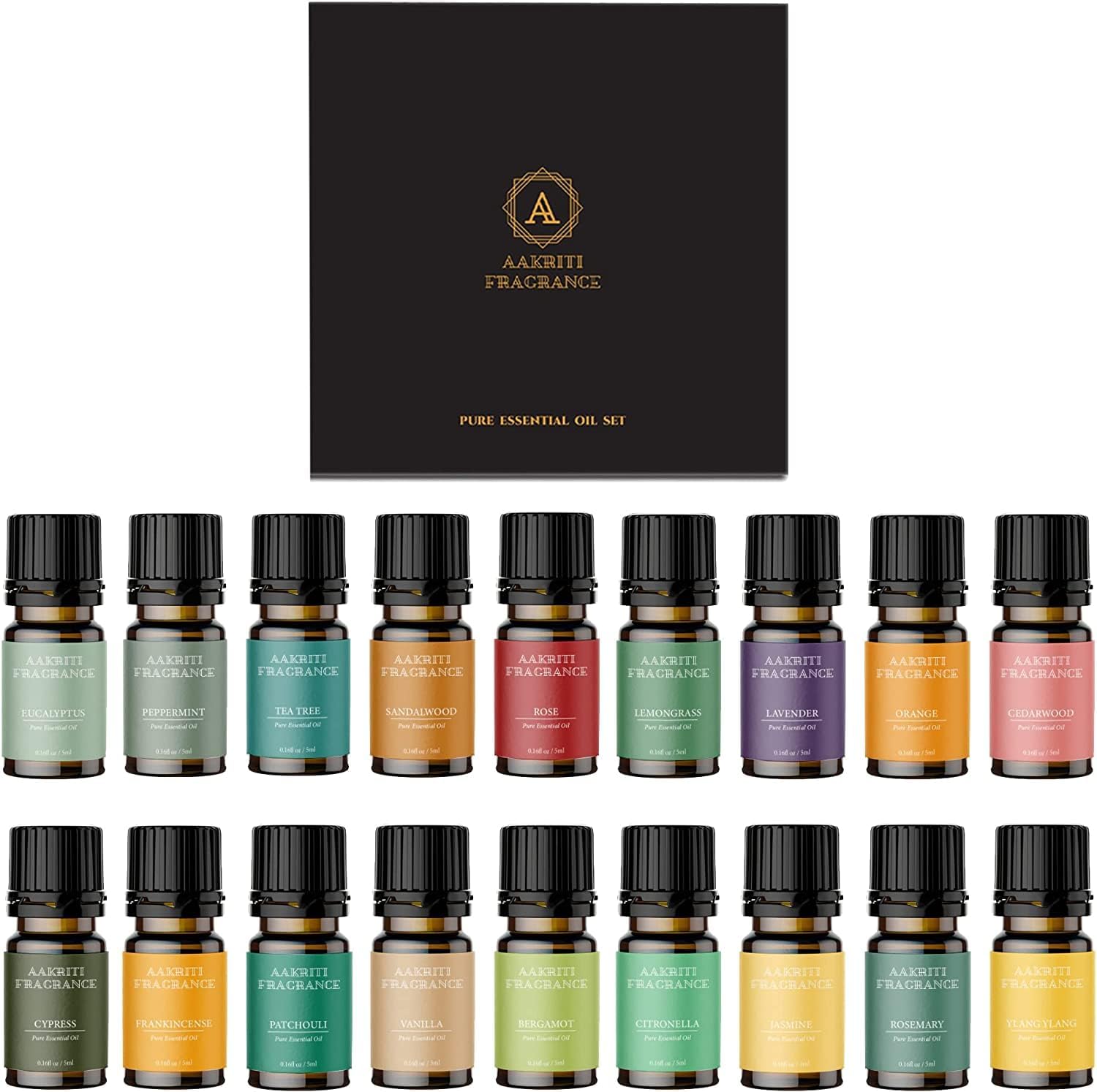 Aakriti Gallery Essential Oil Set in Gift Box | Safe for Diffusers, Massage, Aromatherapy, Candle Making, Skin & Hair Care in 5mL Glass Bottles (Set of 18)