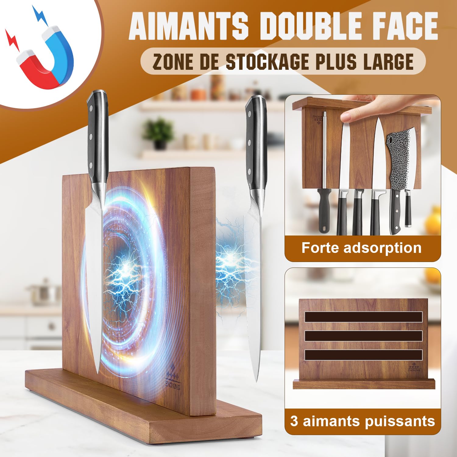 ENOKING Grand Bloc à Couteaux Magnétique 38,6 x 23 cm, Double Face Porte Couteaux Aimanté, Bloc Couteaux Cuisine en Bois d'Acacia, Range Couteau de Cuisine avec Aimant Puissant