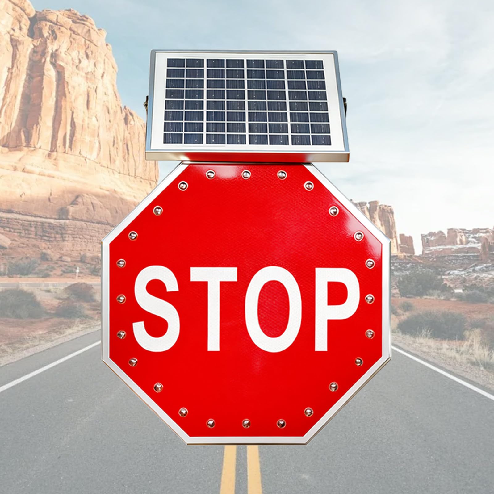 Señal de Stop LED Intermitente de 20 x 24 Pulgadas con energía Solar, construcción de Aluminio, Incluye herrajes de Montaje, película Reflectante, Resistencia al Agua IP65