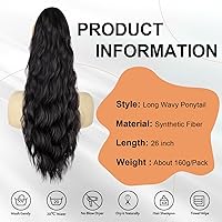 Vista 7 de Extensión de cola de caballo con cordón negro, 26 pulgadas, onda natural, resistente al calor, con clip, extensión de cola de caballo