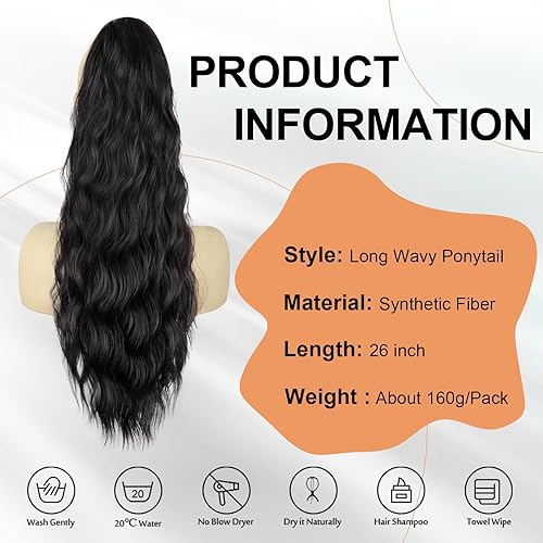 Miniatura 7 de Extensión de cola de caballo con cordón negro, 26 pulgadas, ondulado natural, resistente al calor, clip, extensión de cola de caballo