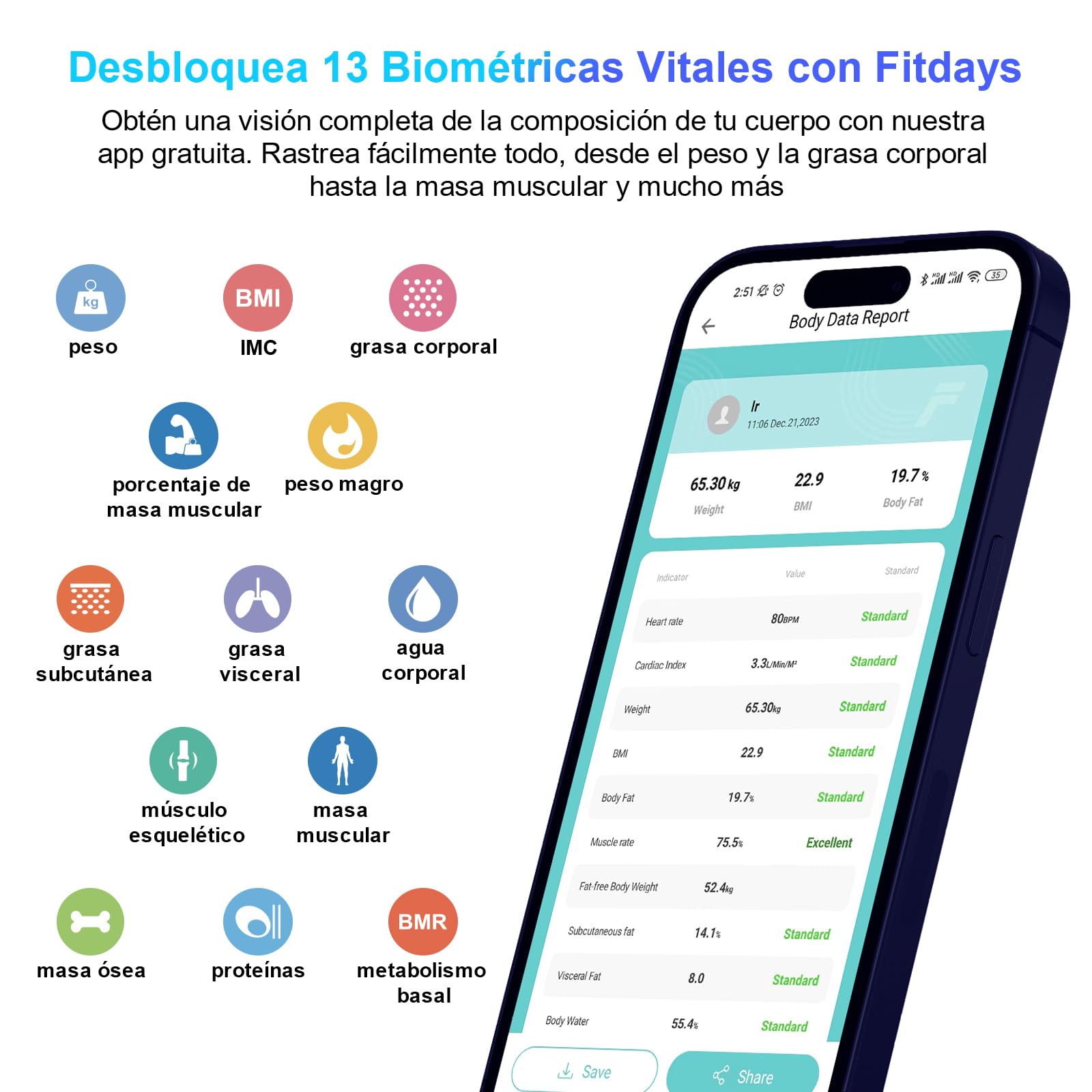 Healthkeep - Báscula conectada con Bluetooth (13 análisis de la composición corporal, incluye capacidad de 180 kg/400 lb, 28 x 28 cm