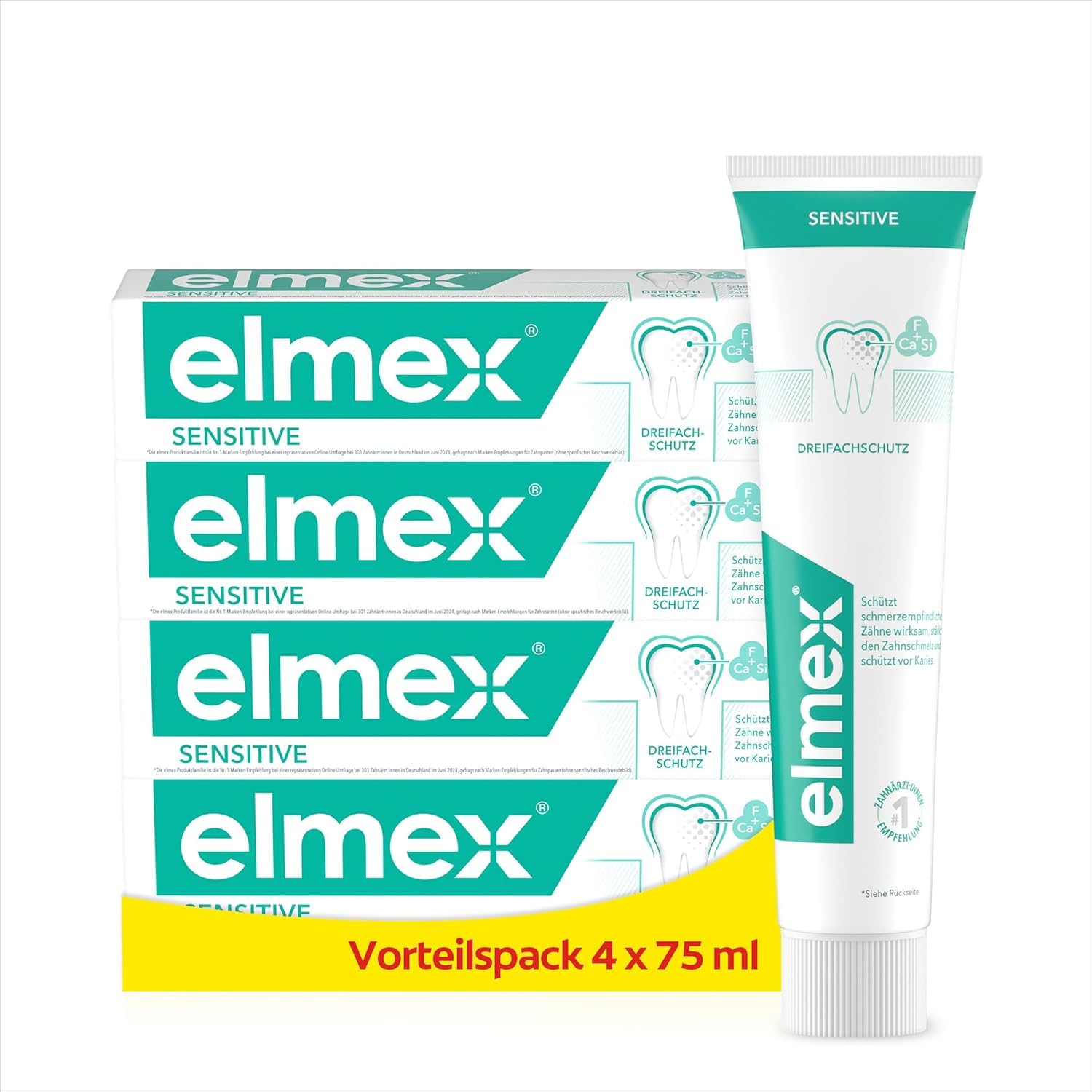 elmex Zahnpasta Sensitive 4x75ml – sanfte Zahnreinigung und Schutz für schmerzempfindliche Zähne – klinisch bestätigt für starke Zähne und gegen Karies
