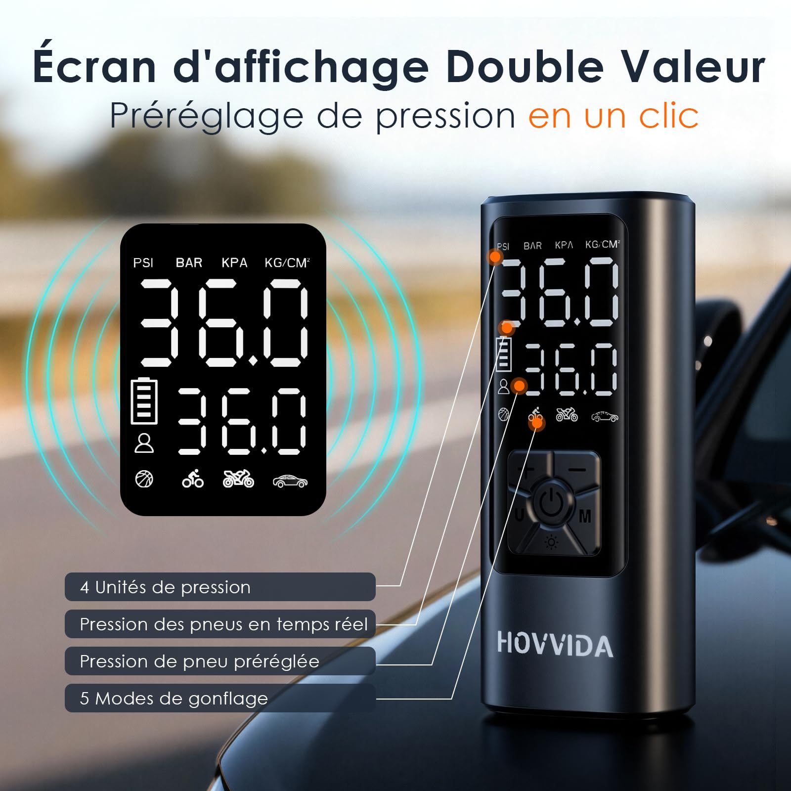HOVVIDA Gonfleur Pneus Voiture, Compresseur à Air Portatif sans Fil, 150 PSI (10,3 Bar), Gonfleur Electrique, Pompe a Velo, Inflation Rapide, Arrêt Automatique, LED, pour Voiture, Moto, Vélo, Ballon