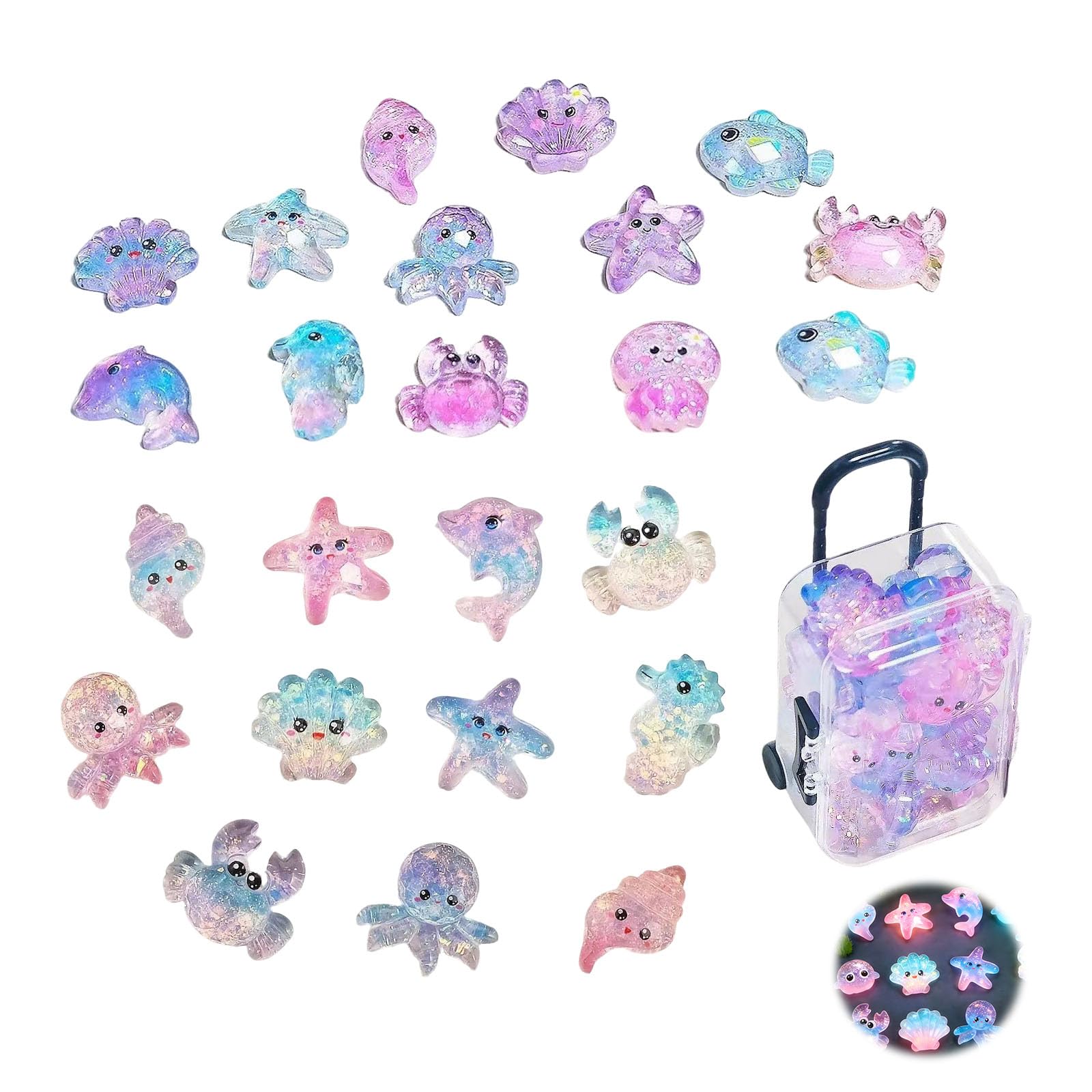 35Pcs Mini Ocean Resin Animals with Suitcase Boxes Luminous Sea Animals Figures Miniature Resin Animals Glow in The Dark for Aquarium Fish Tank Decor Fairy Garden Dollhouse Micro Landscape (Ocean)