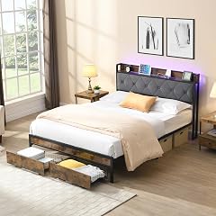 King Size Bed Frame with Charging Station 2 Drawers LED Metal Platform Bed Frame with Upholstered Storage Headboard