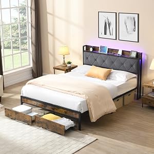 King Size Bed Frame with Charging Station 2 Drawers LED Metal Platform Bed Frame with Upholstered Storage Headboard