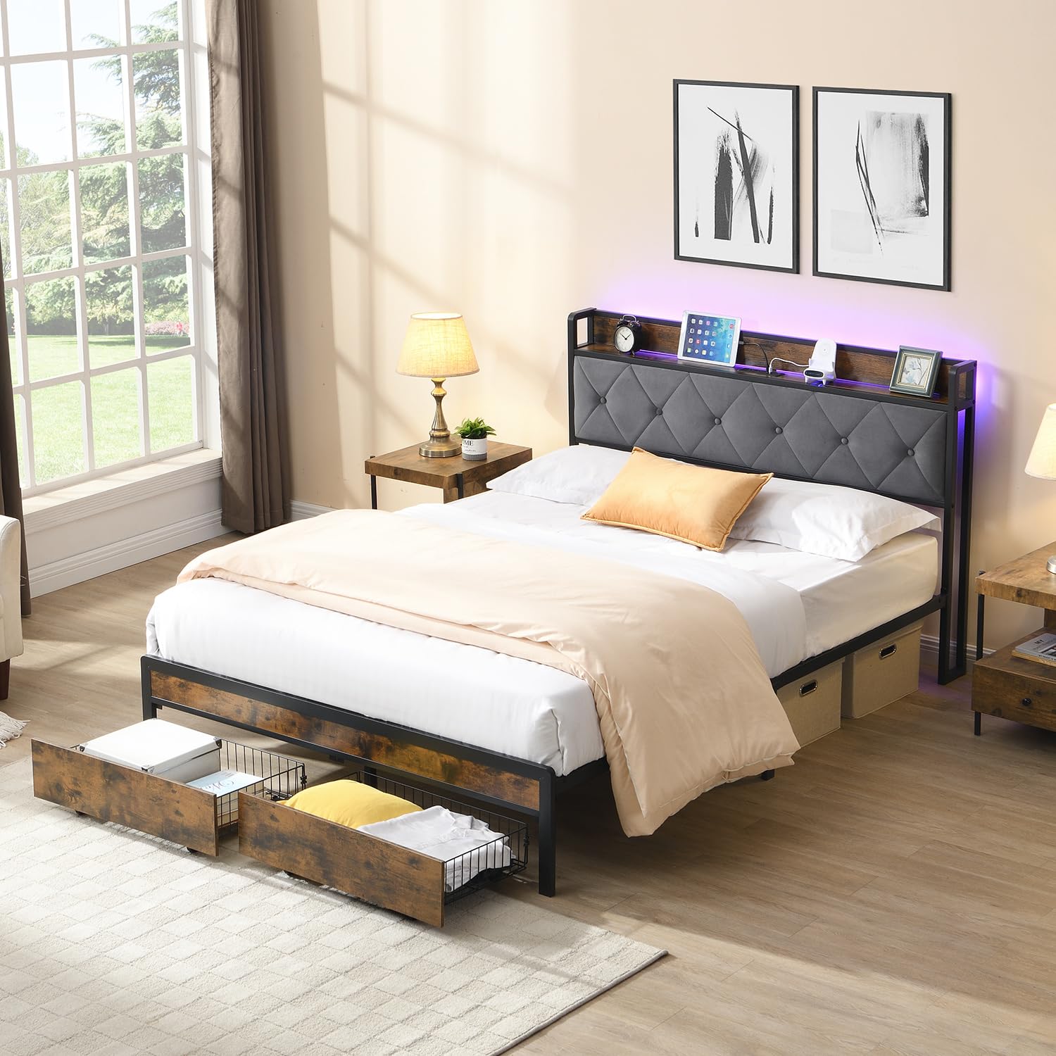King Size Bed Frame with Charging Station 2 Drawers LED Metal Platform Bed Frame with Upholstered Storage Headboard