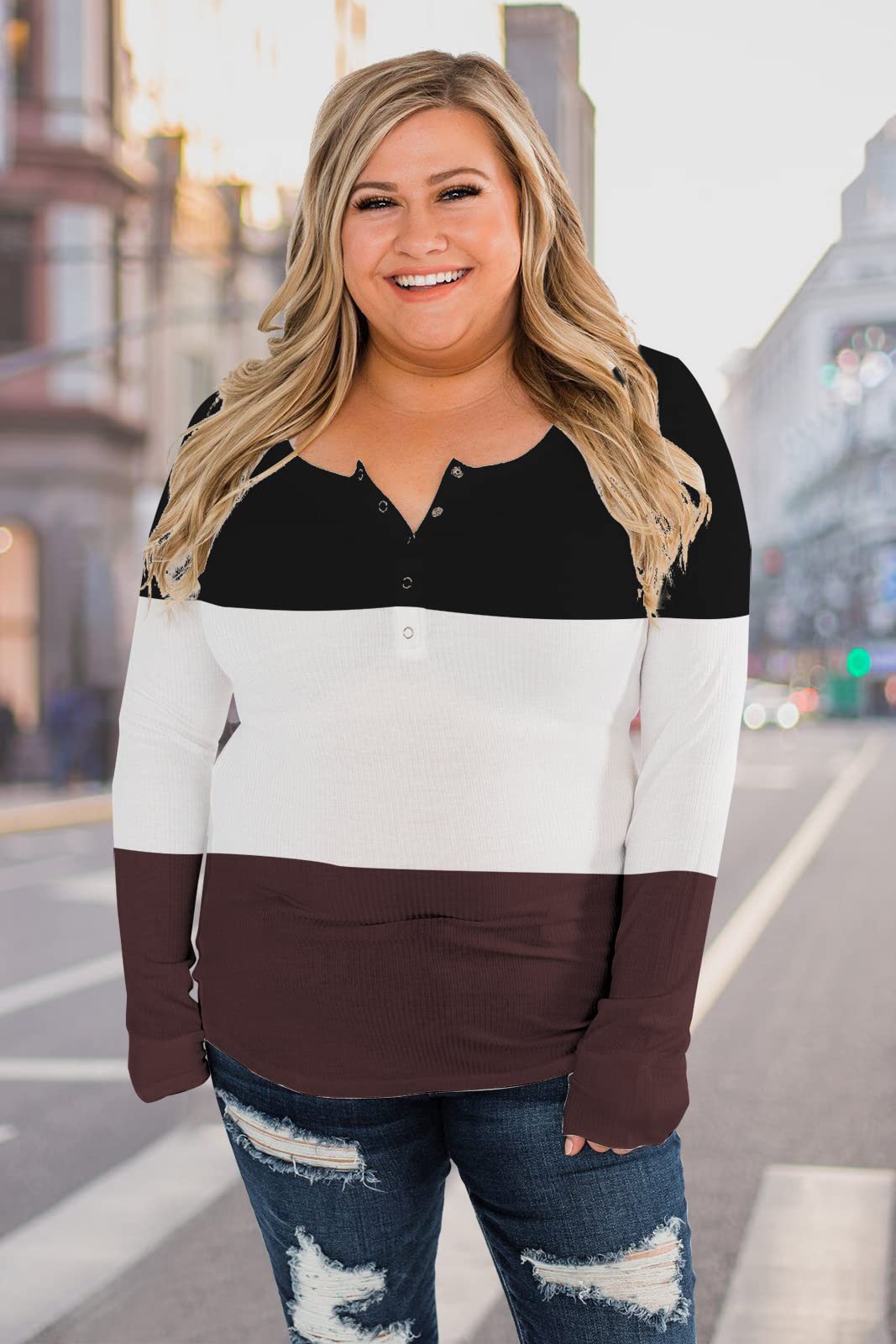 Hauts à manches longues boutonnées pour femme - Col rond - Hauts ajustés - Décontracté - Automne Henley, Noir + chocolat, Taille M
