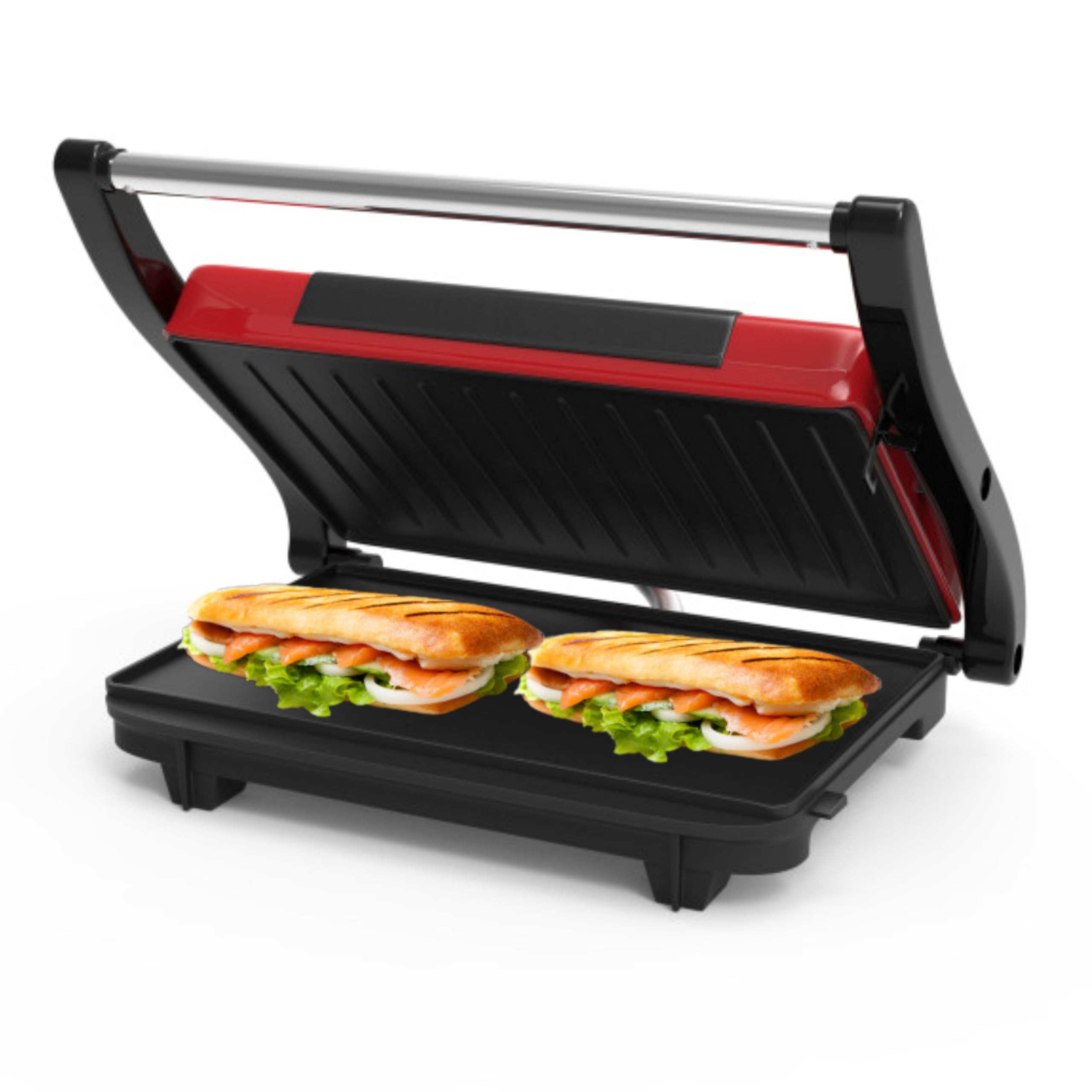 Panini Press - Sandwich Maker with Nonstick Plates - Indoor Countertop Grill for Cooking Burgers, Steak, Grilled Cheese, and More (Red)