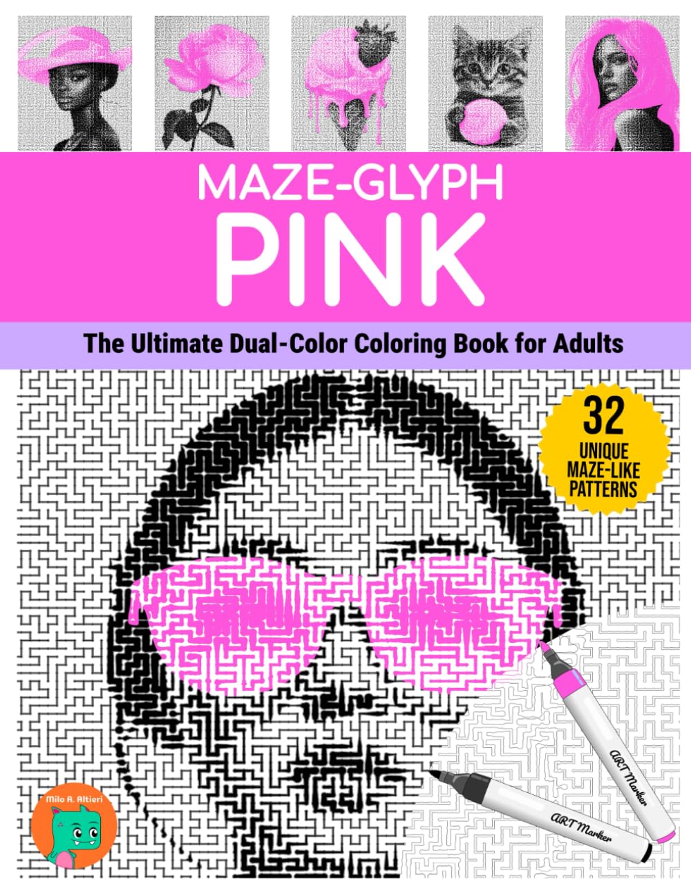Maze-glyph Pink: The Ultimate Dual-Color Coloring Book for Adults.