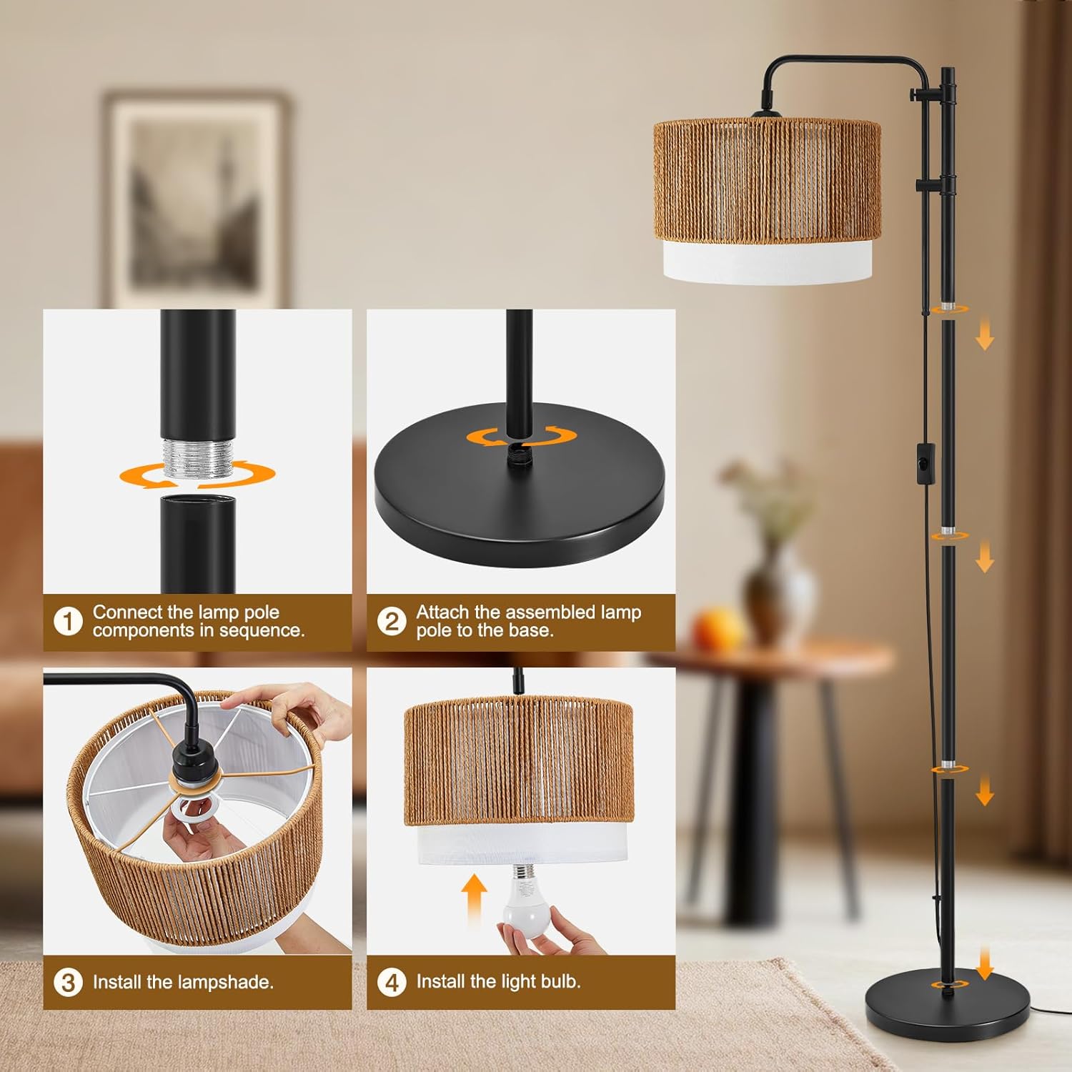 GyroVu Rattan Floor Lamps for Living Room, Boho Farmhouse Arc Standing Lamp with Rattan & Fabric Shades, Adjustable Height Tall Lamp for Bedroom Reading Corner Office, Color Temperature Bulb Included