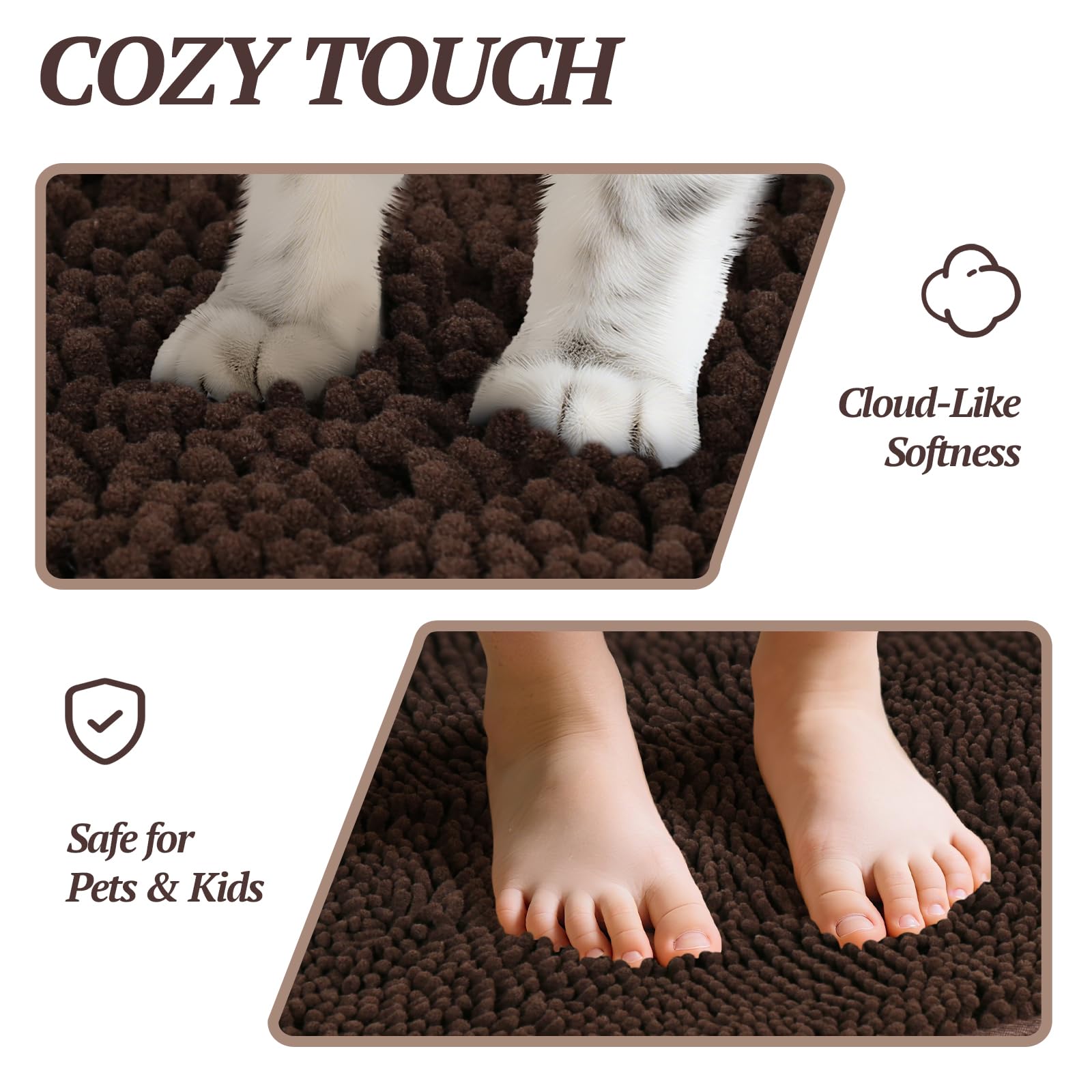 VIVAGLORY Schmutzfangmatte Hund Absorpmax Cleany Mat Hund, Hundeteppich Schmutzmatte Fußmatte, Waschbar Wasserdicht rutschfest Schlammige Saugfähige Chenille Fußmatte, 90cm × 64cm, Braun