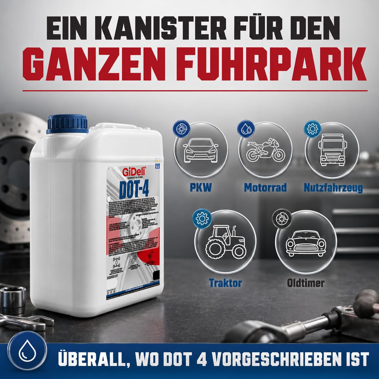 GiDeli Bremsflüssigkeit DOT 4 10 L Kanister - Vorrat zum Abfüllen | für ABS und ESP, auch für Kupplungssysteme, straffer Druckpunkt am Pedal, schont Dichtungen, feste Zapfstelle im Regal