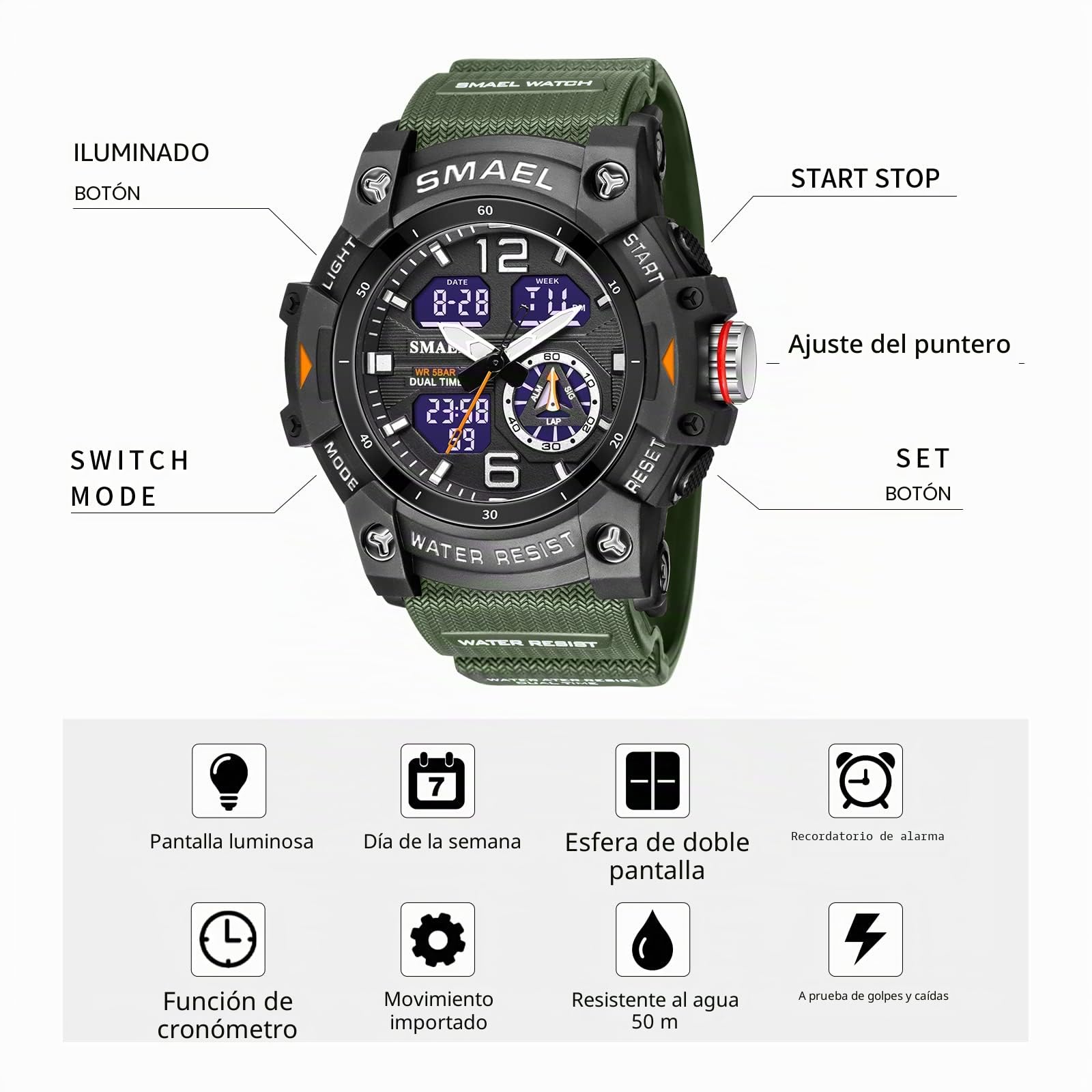 SMAEL 8007 - Reloj deportivo digital para hombre, reloj de pulsera con movimiento dual de cuarzo (verde militar), Verde militar.