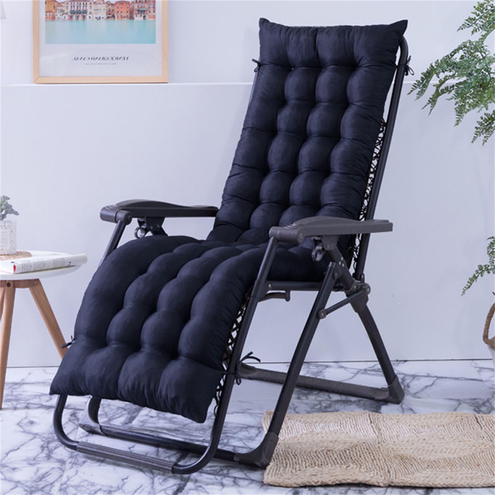 Hearda Sun Lounger Cushions Only, Sun Lounger Cushion Pads Soft Garden Rocking Recliner Chair Pads with Anti-slip Straps for Beach Porch Garden Patio Yard (Black,48 * 120cm)