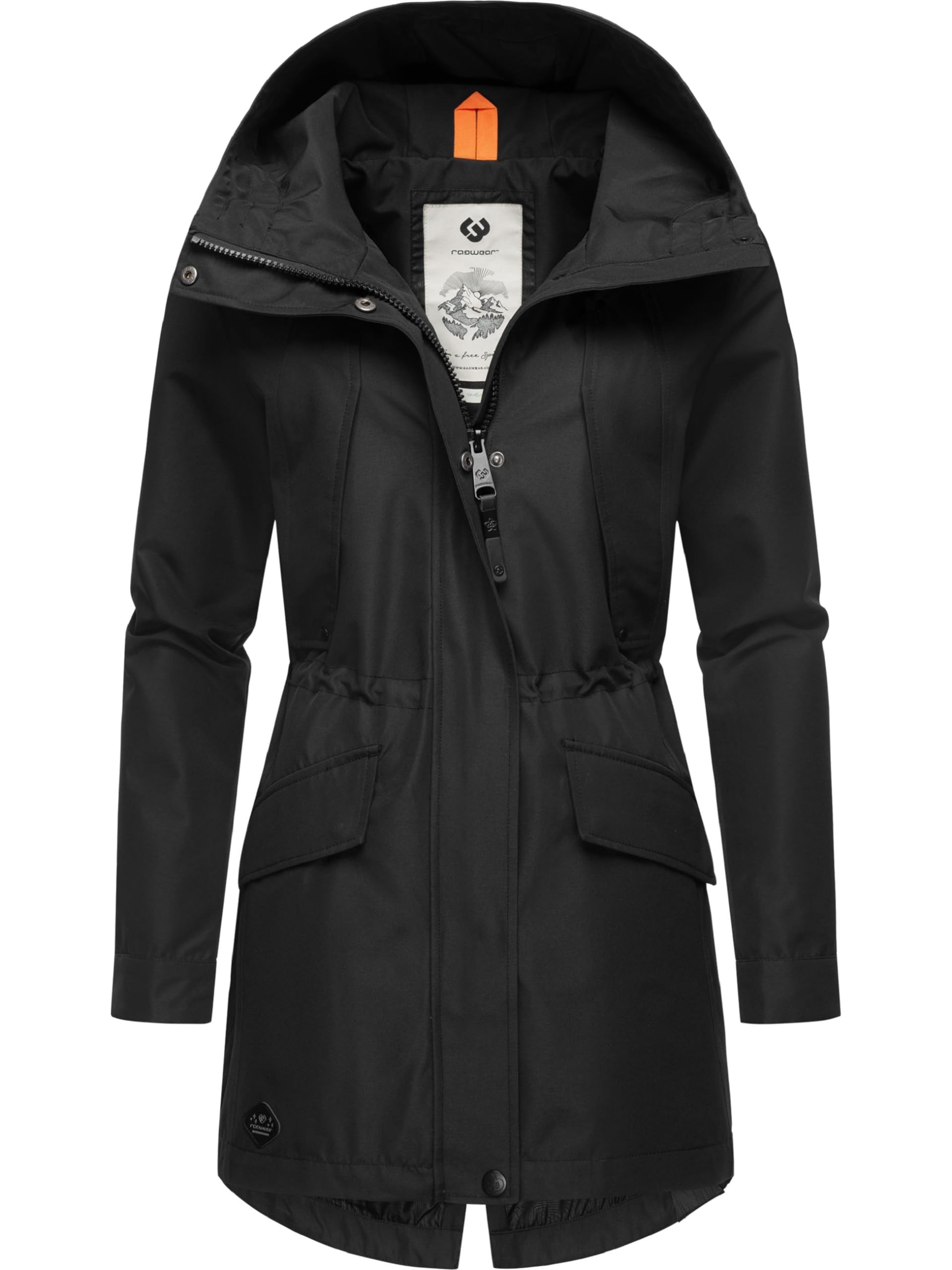 Ragwear Lekka damska parka przejściowa, długi płaszcz przeciwdeszczowy, wodoszczelny (słup wody 11 000 mm), oddychający, z dużym kapturem, Begonia XS-6XL