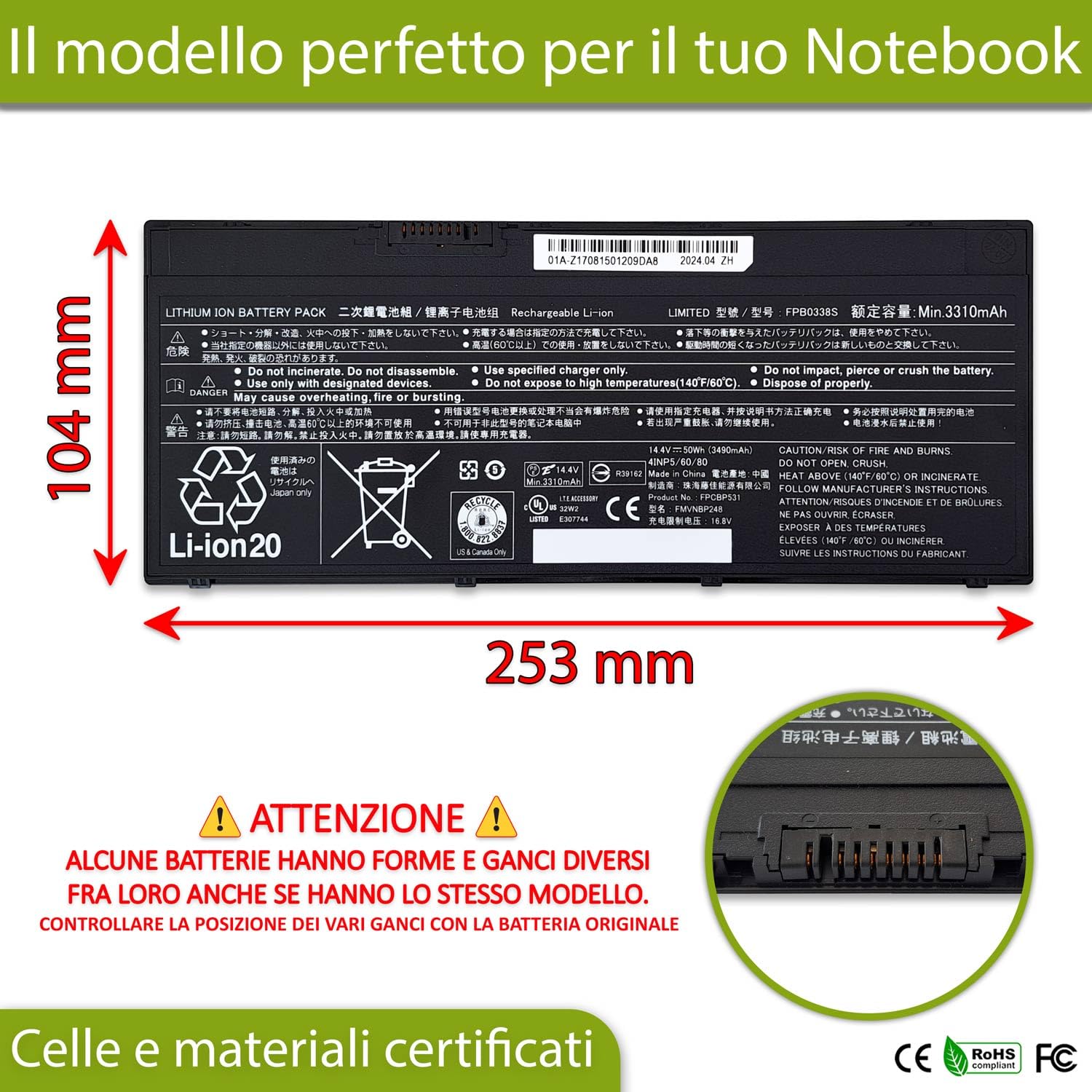 new net - Batteria FPB0338S Compatibile con Fujitsu Lifebook U7410/D, U747, U747/P, U747/R, U748, U748/S, U749, U749/A, U7510, U757, U757/P U759/A [14.4-14.8 V - 50 Wh]