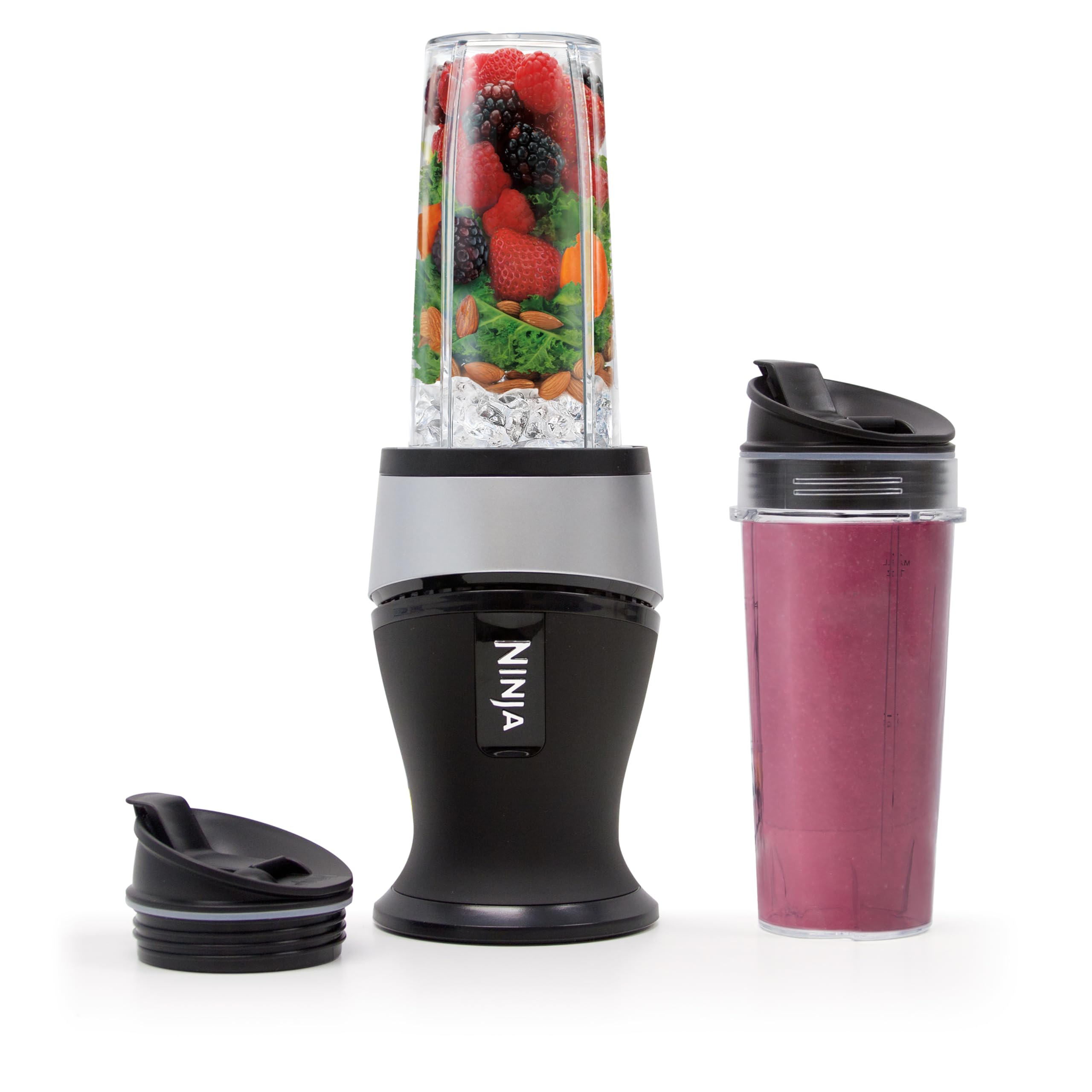 Ninja BN301 Nutri-Blender Plus Compact Personal Blender, 900-Peak-Watt Motor, Frozen Drinks, Smoothies, Sauces & More, (3) 20 oz. To-Go Cups, (2) Spout-Lids (1) Storage-Lid, Dishwasher Safe, Silver: Push to blend