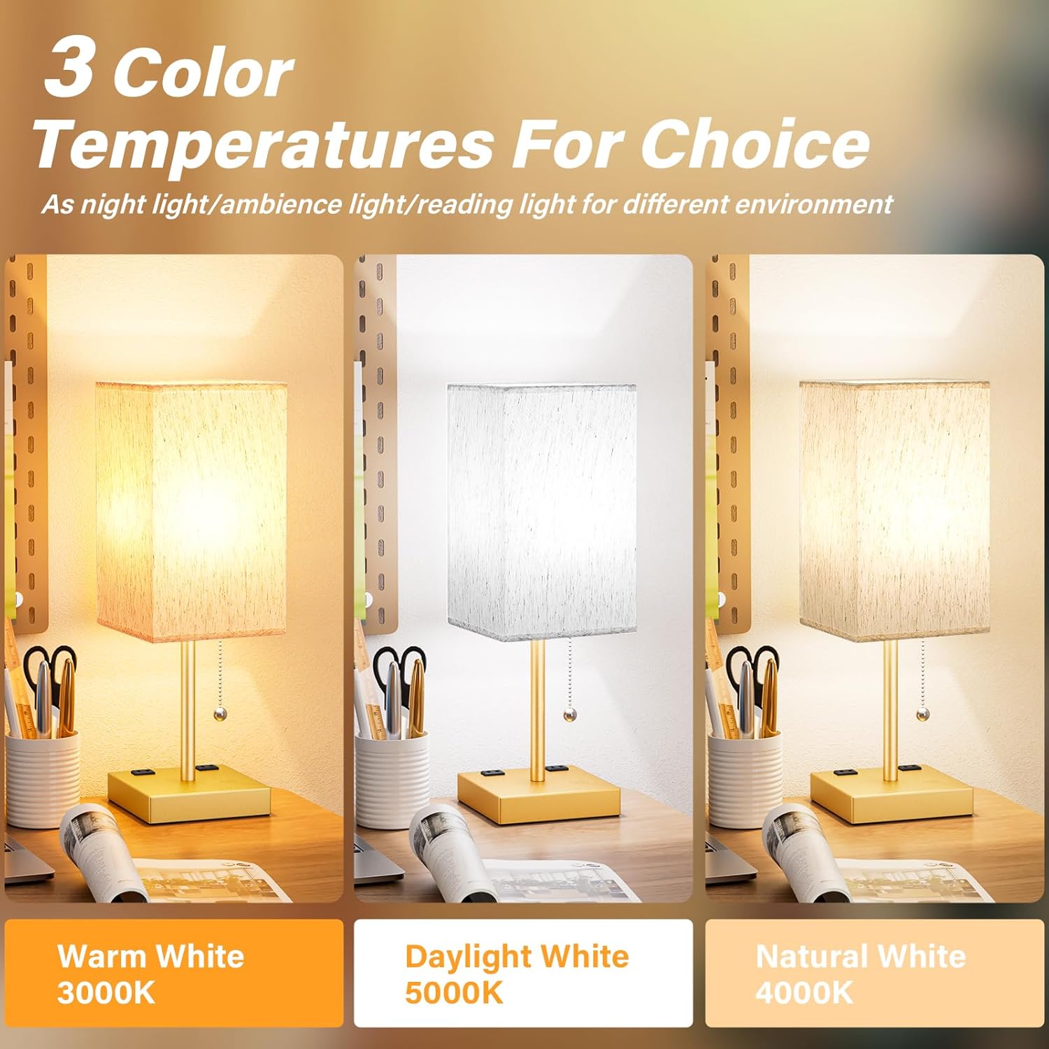 aooshine Medium Table Lamp with USB Ports - 3 Color Temperature Bedside Lamp for Bedroom, Pull Chain Control, USB A and C Ports, 2 AC Outlets, Bulb Included