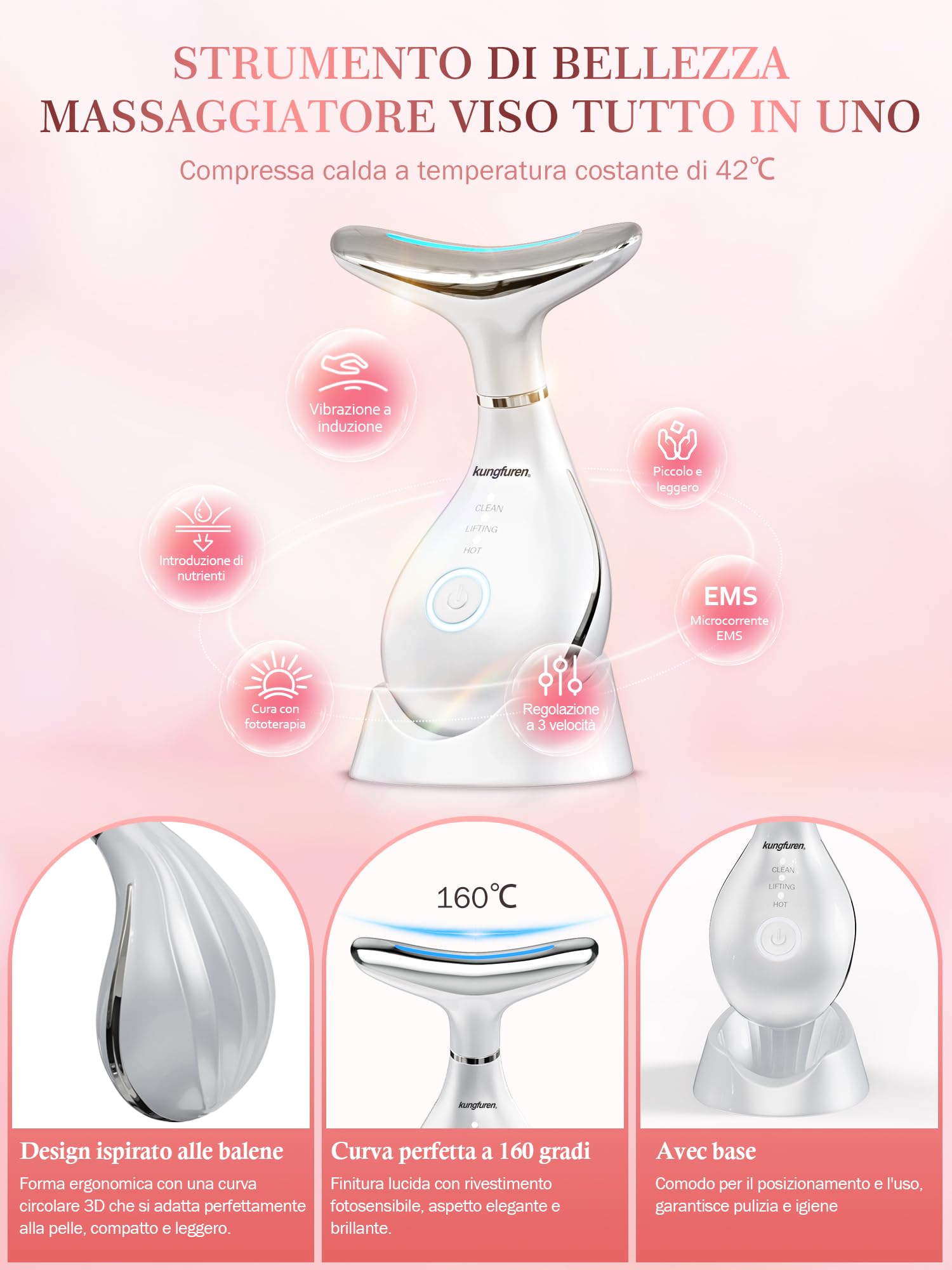 Massaggiatore Viso Antirughe Lifting Elettrico: Face Antirughe Dispositivo Viso EMS Lifting Massaggiatore con Impacco Caldo a 42°C Terapia Lifting con 3 Modi LED e Base