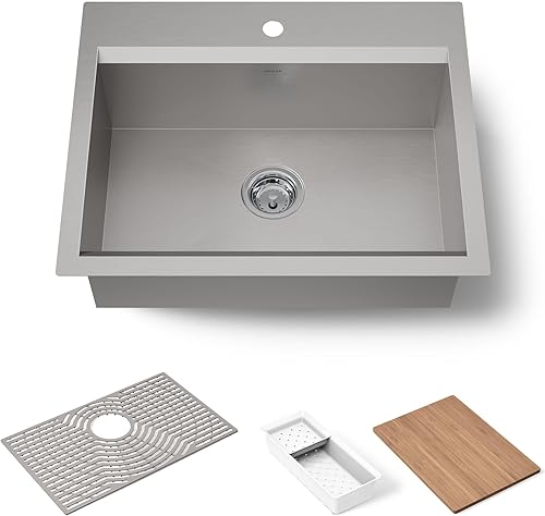 Miniatura 1 de KOHLER Fregadero de cocina Task K-80086-1PC-NA de doble montaje de acero inoxidable, fregadero de estación de trabajo de 27", grifo de 1 agujero,