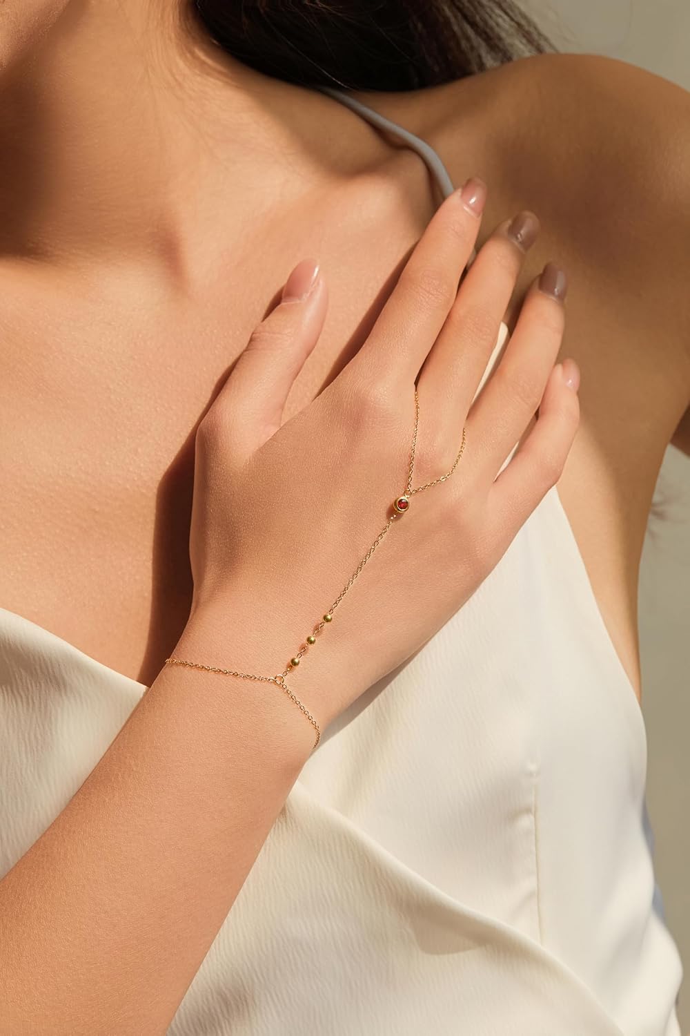 Ruvel 18K Gold Hand Chain Bracelet for Women – Adjustable Hand Chain and Finger Ring Bracelet – Dainty Gold Handchain Jewelry – Stack Summer Jewelry, Gift for Her – 12 Color Options, AAAAA CZ Stones, Pearl, Beads, Birthstone Colors, Body Jewelry