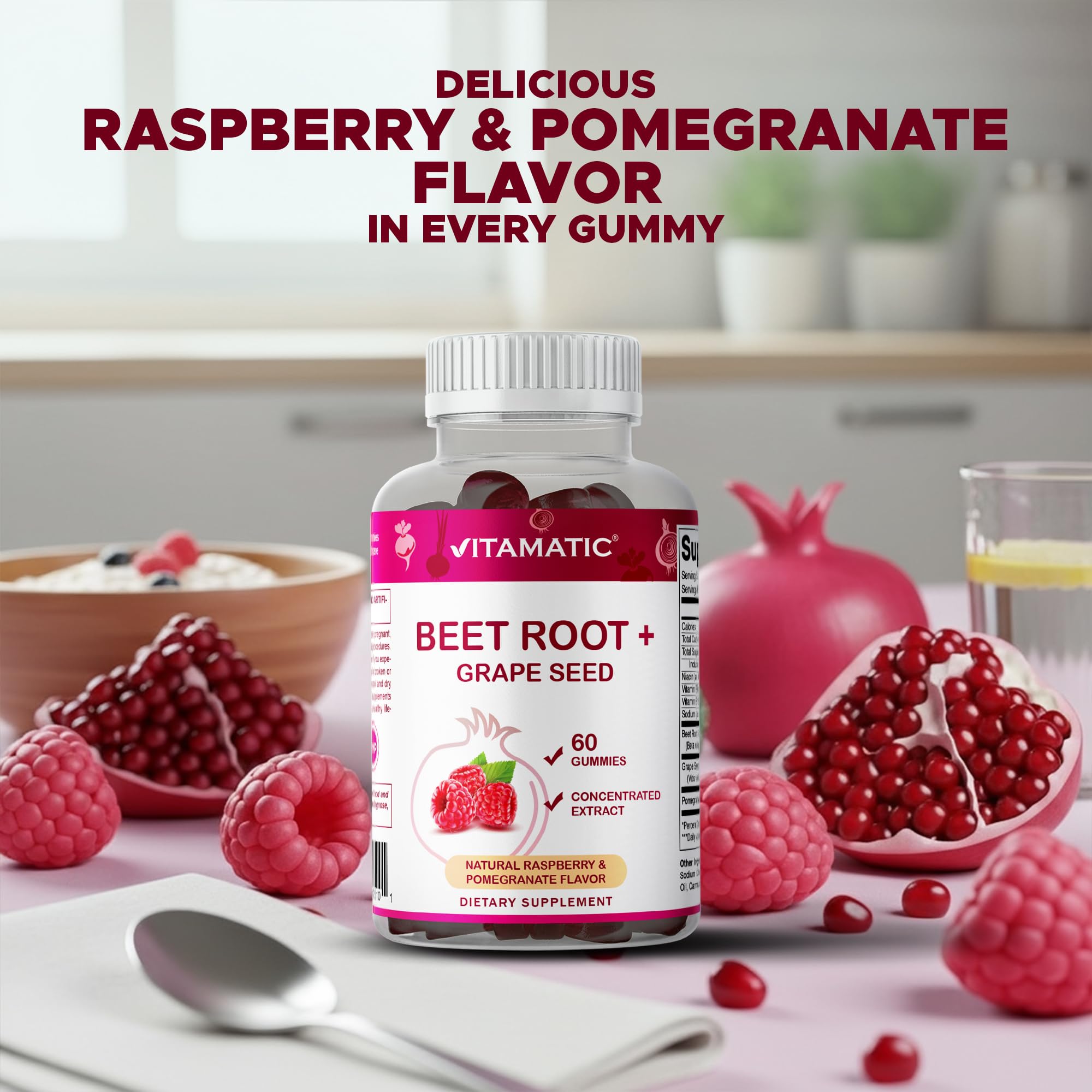 Vitamatic Beet Root Gummies with B6, B12, Grape Seed, Pomegranate & Nicotinamide – Plant-Based Extract – Vegan, Non-GMO – Botanical Supplement Gummies – 60 Count — Amazon image 3