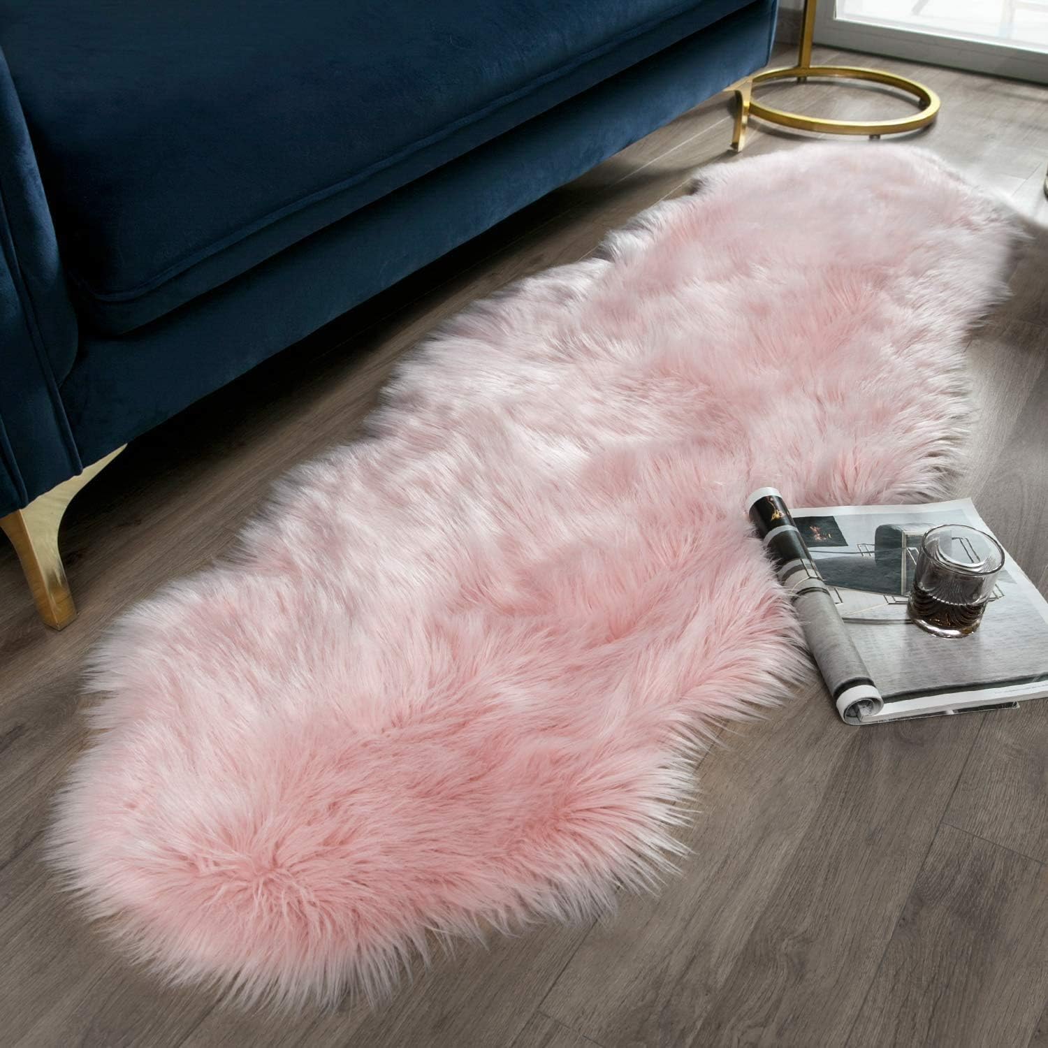 JXLOULAN Fluffy Faux Sheepskin Rug Pink 60x160 cm- Hypoallergenic Non-Shedding Area Rug for Living Room/Bedroom/Kids Room