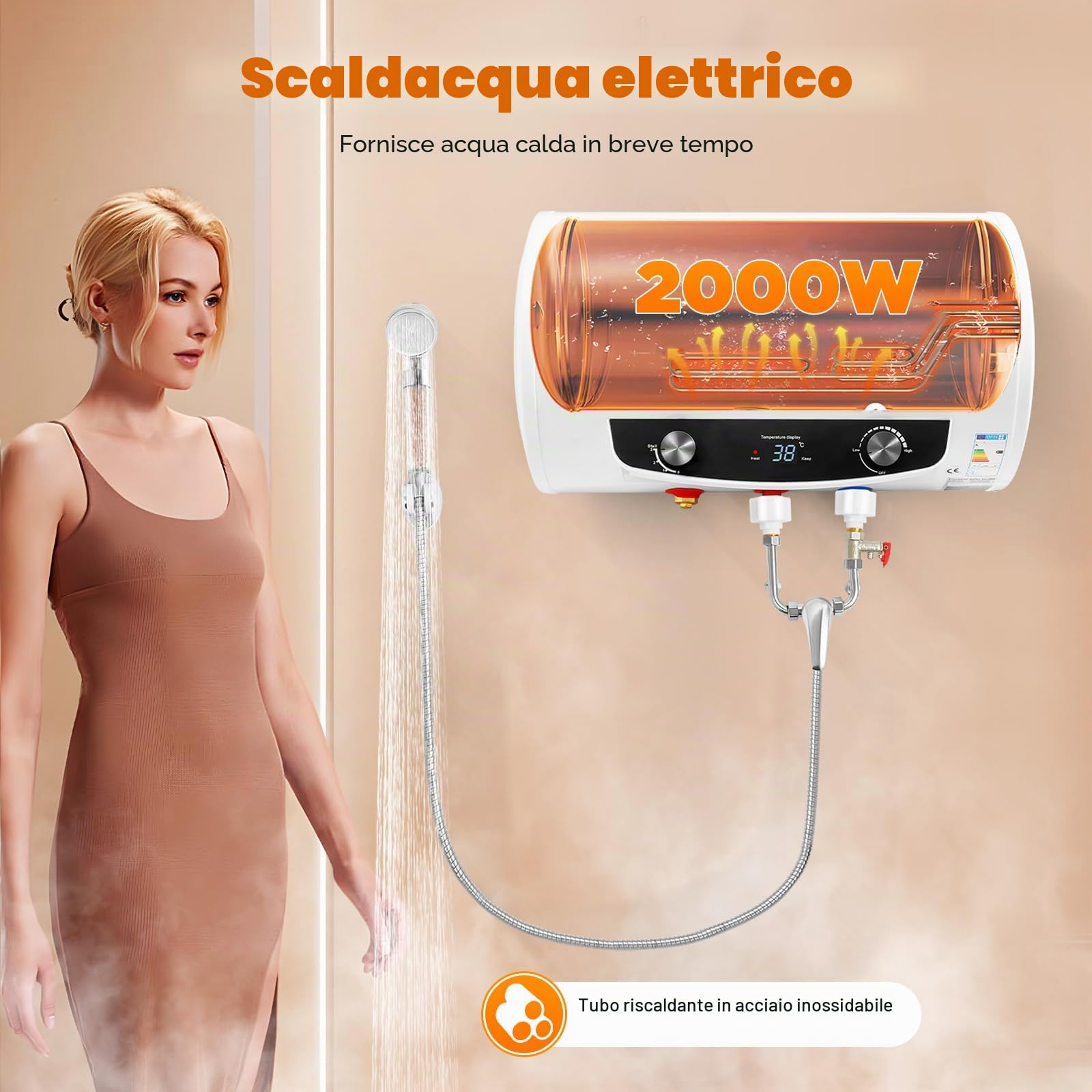 220V Scaldabagno compatto per cucina 2000W scaldacqua elettrico con serbatoio e display digitale con soffione per cucine, bagni, saloni di bellezza 35L 34 * 56cm