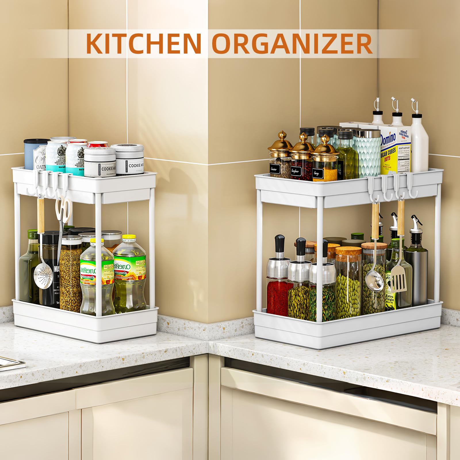 2 Pack Under Sink Storage Kitchen Organiser, 2 Tier Kitchen Storage Under Sink Shelf, Multi-Purpose Organisation for Bathroom,White - Image 3