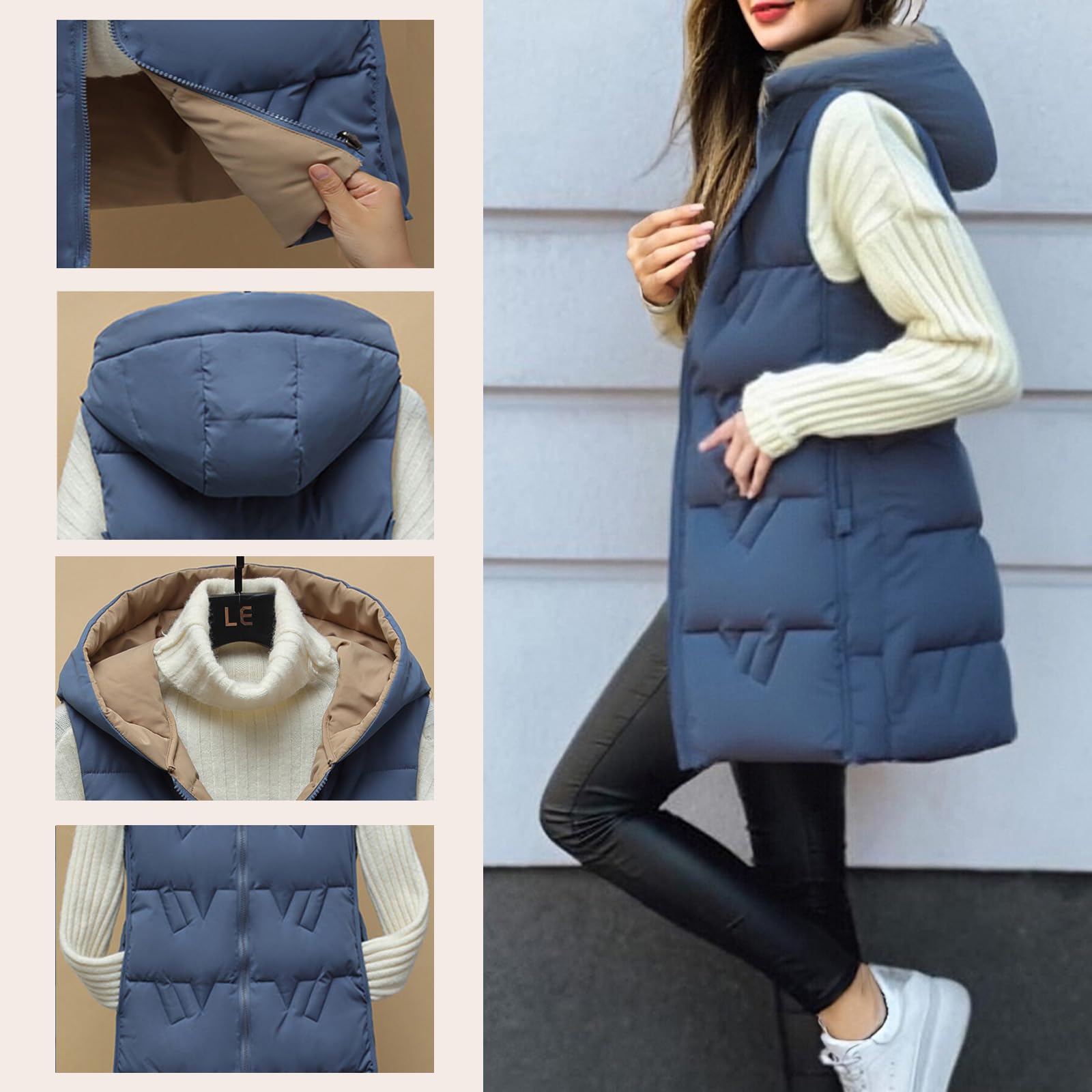 Steppweste Damen Lang Ärmellose Weste Mit Kapuze Wintermantel Casual
