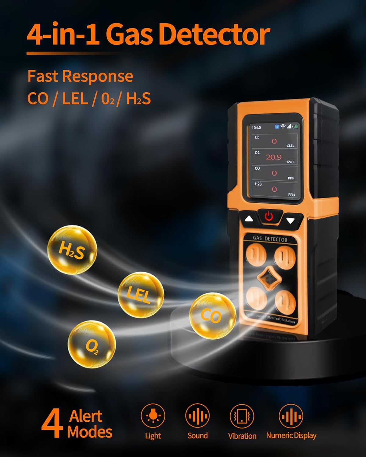 4 Gas Detector Monitor, Rechargeable Portable Gas Sniffer with Audible, Visual, Vibration Alarms for H2S, O2, CO, LEL Gas, LCD Display Industrial Safety Device