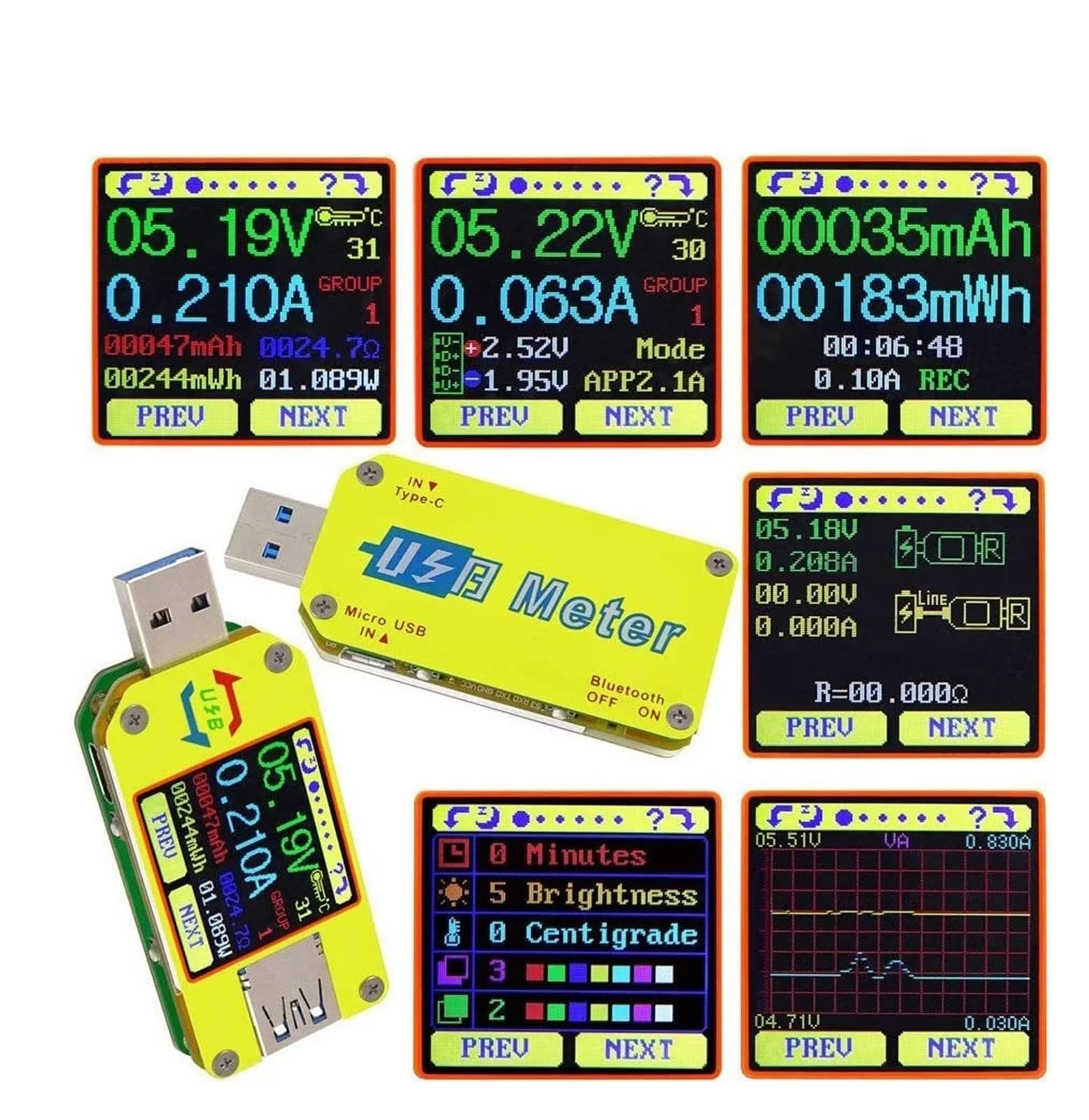 UM34/UM34C USB 4-24V DC Voltmeter Amperemeter mit Farbbildschirm, Typ-C multifunktionaler Spannungs- und Stromtester Für Ladetests(UM34C)