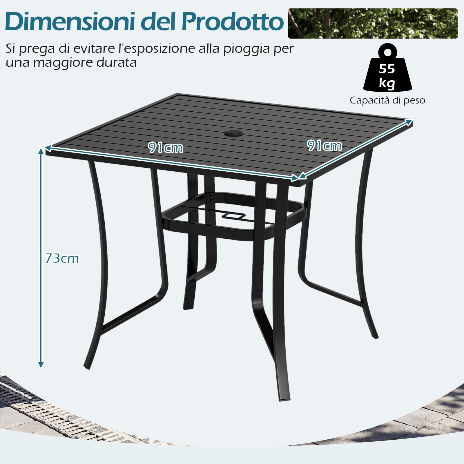 COSTWAY Tavolo Esterno in Metallo, con Foro per Ombrellone, Tappo per Foro, Tavolo Caffè Quadrato per Patio Cortile Piscina, 91 x 91 x 73 cm