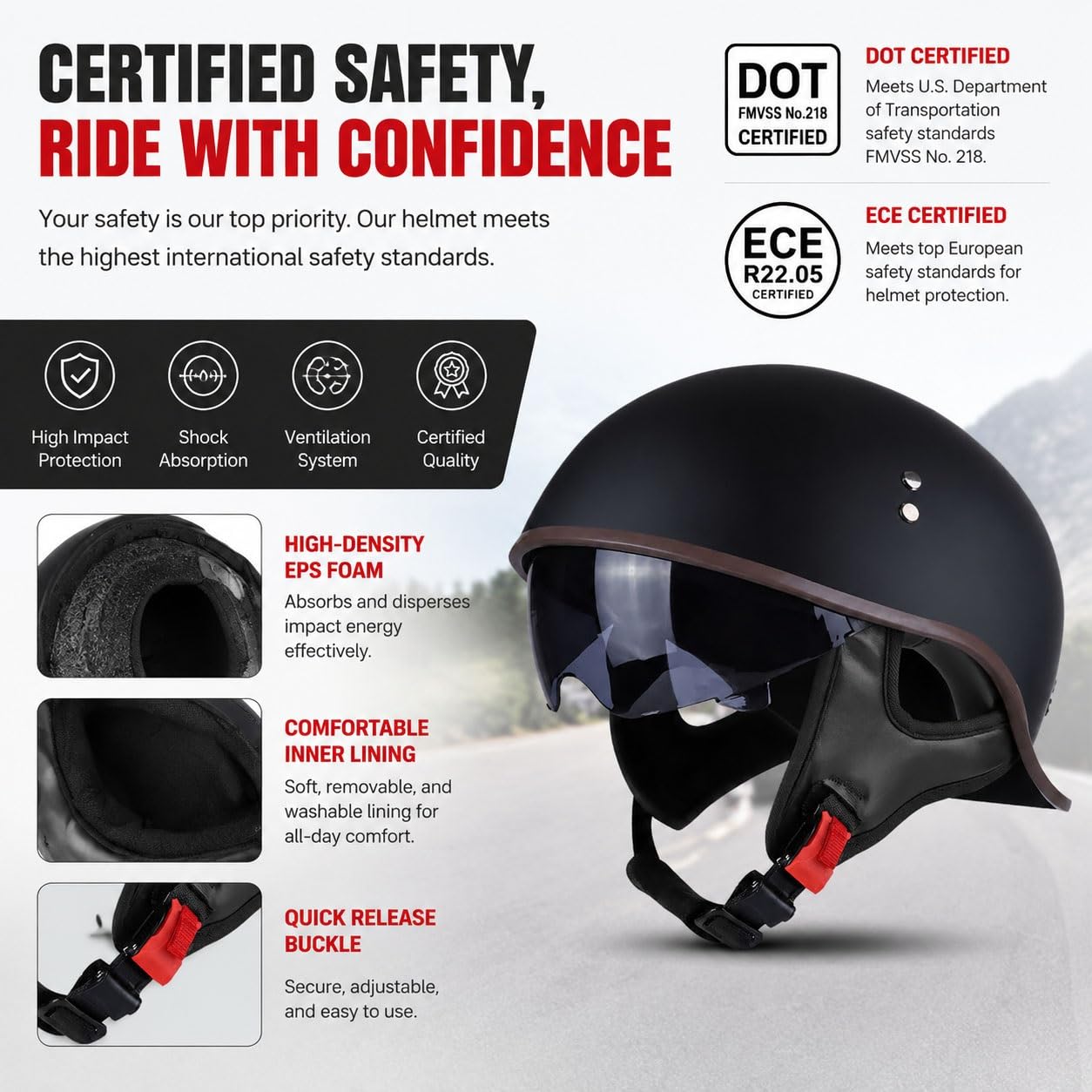 Retro kask motocyklowy półotwarty, homologacja ECE, z wbudowaną osłoną i szybkim zapięciem, unisex do skutera