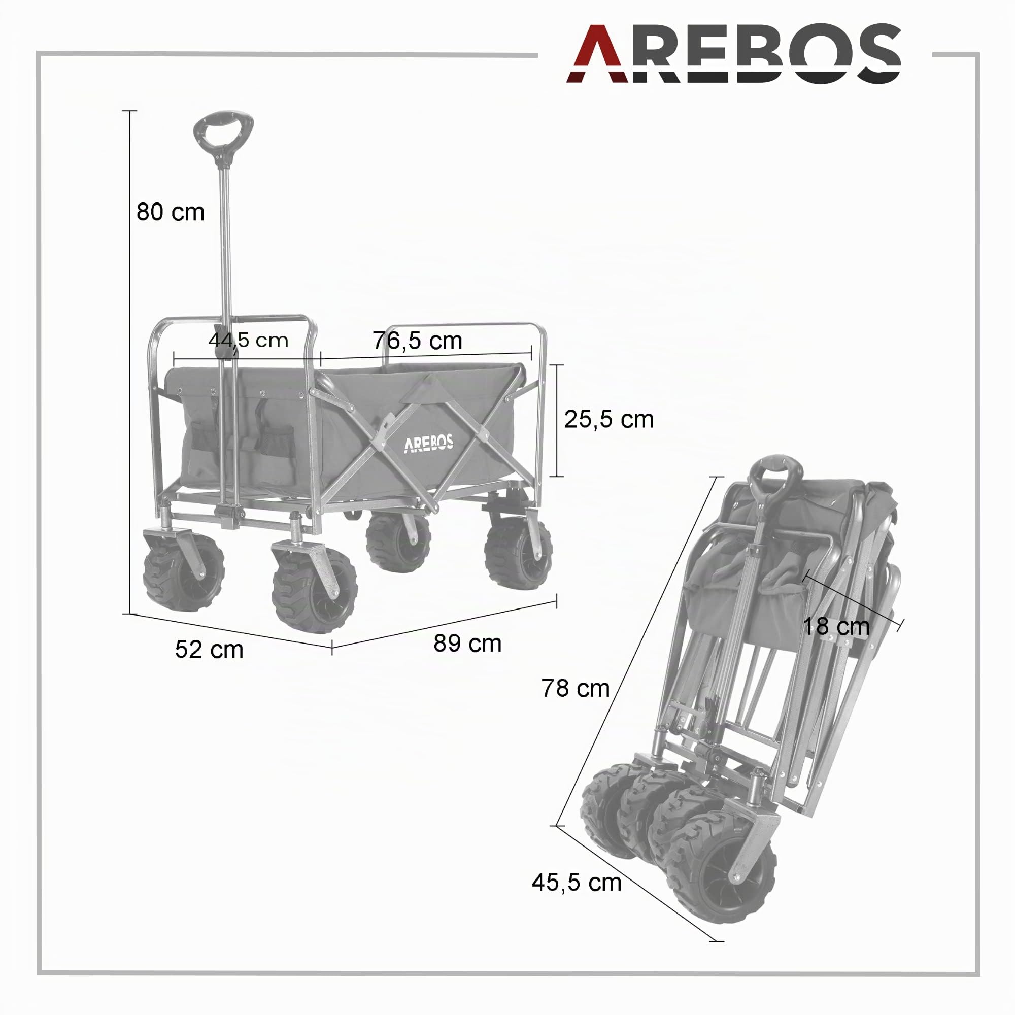 Arebos Chariot Pliable de Transport | Bollerwagen Pliable Tout-Terrain avec Roues XL | Chariot de Jardin et Plage | Chariot de Courses Robuste pour Camping, Pique-Nique et Loisirs | Bleu