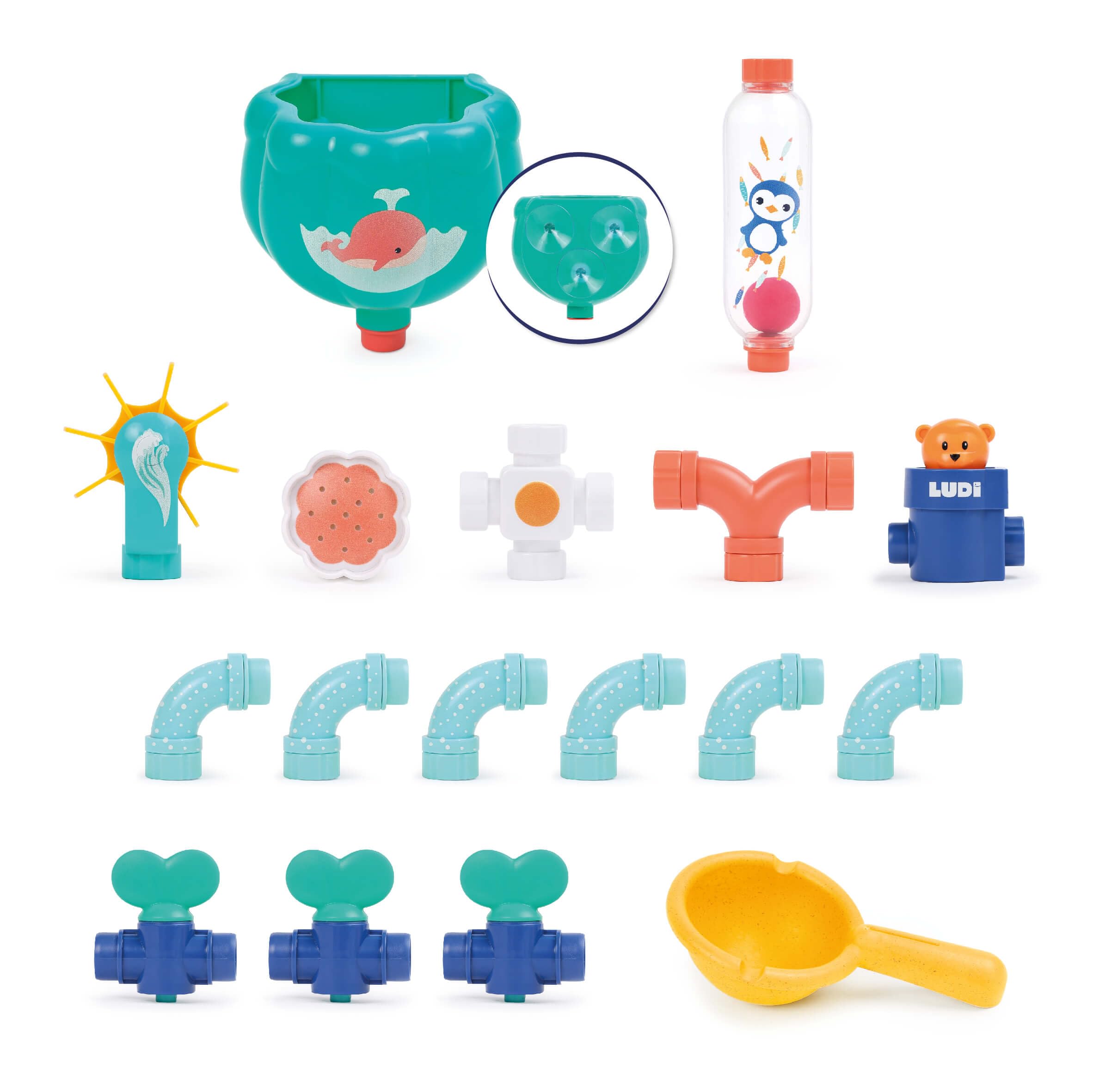 Ludi - Tuyaux d'eau XXL - Jeu De Construction Aquatique - Grand Circuit - Dès 18 Mois - pour Occuper Bébé Pendant Son Bain - Imagination Et Dextérité - 16 Pièces Interchangeables - Fixation Ventouse