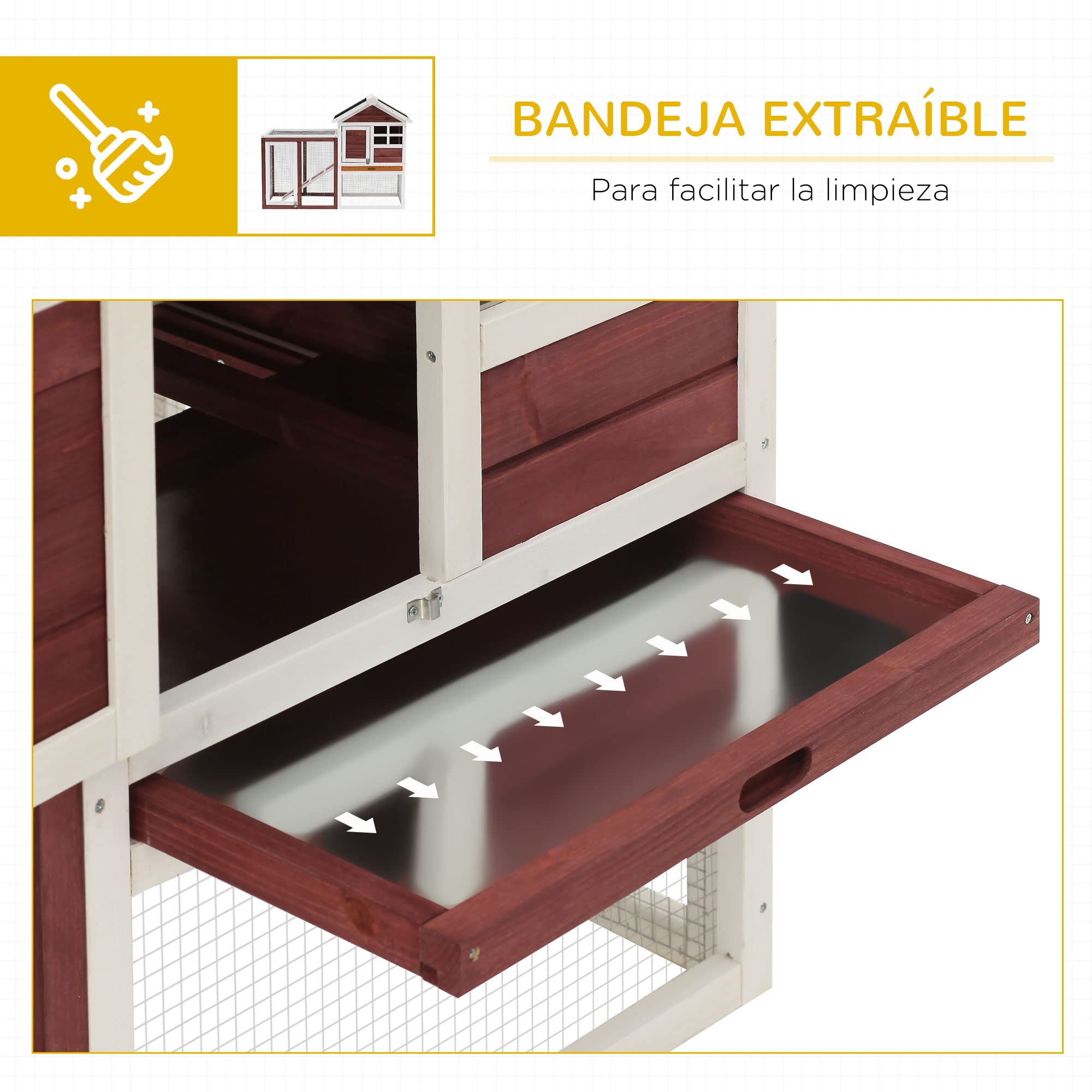 PawHut Conejera de Madera de 2 Niveles Jaula para Conejos con Zona Abierta Techo Asfáltico Bandeja Extraíble y Rampa Conejera para Exterior 123,5x62,6x92,5 cm Marrón
