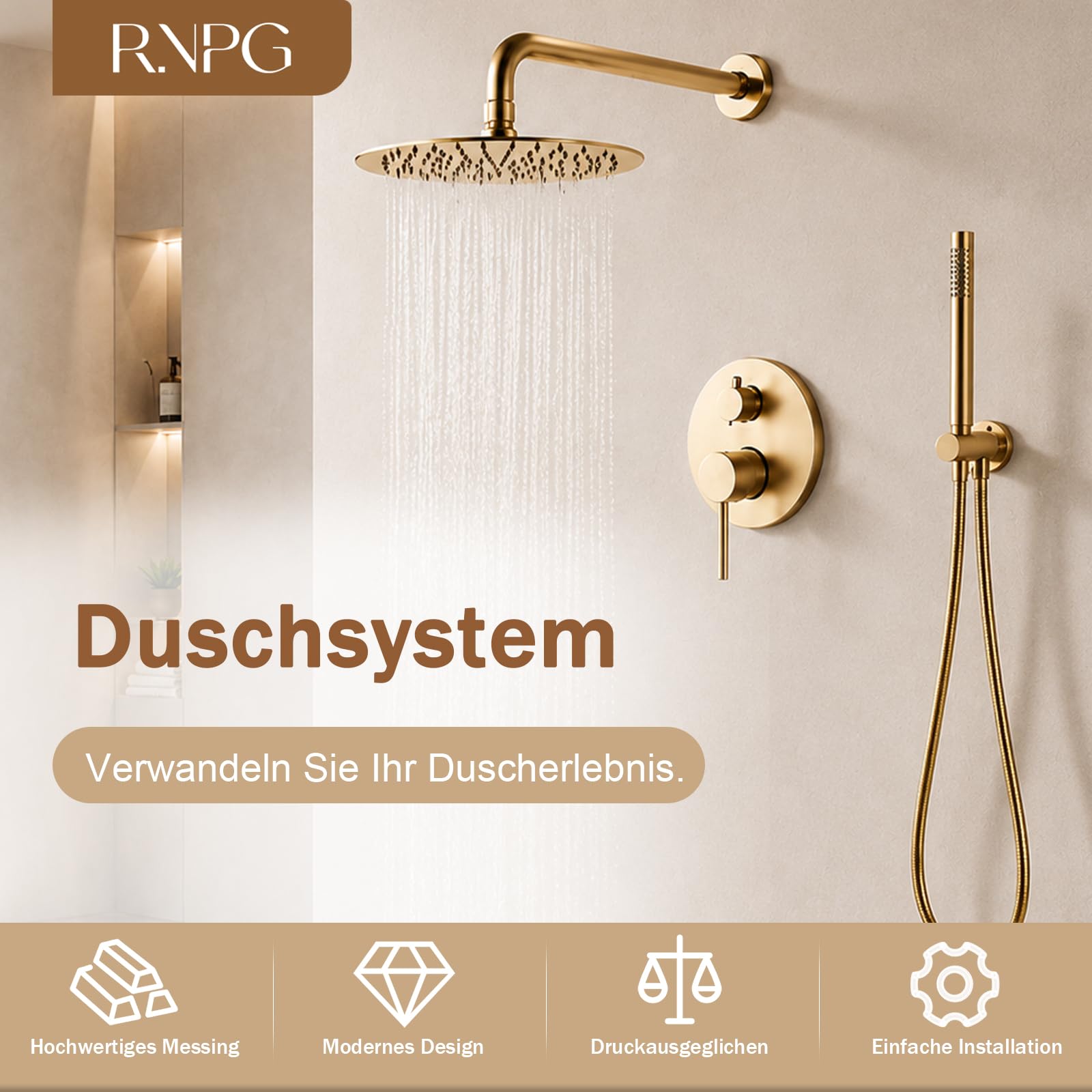 Unterputz Duscharmatur Set, Duschsystem Unterputz Gold mit 25cm Regendusche